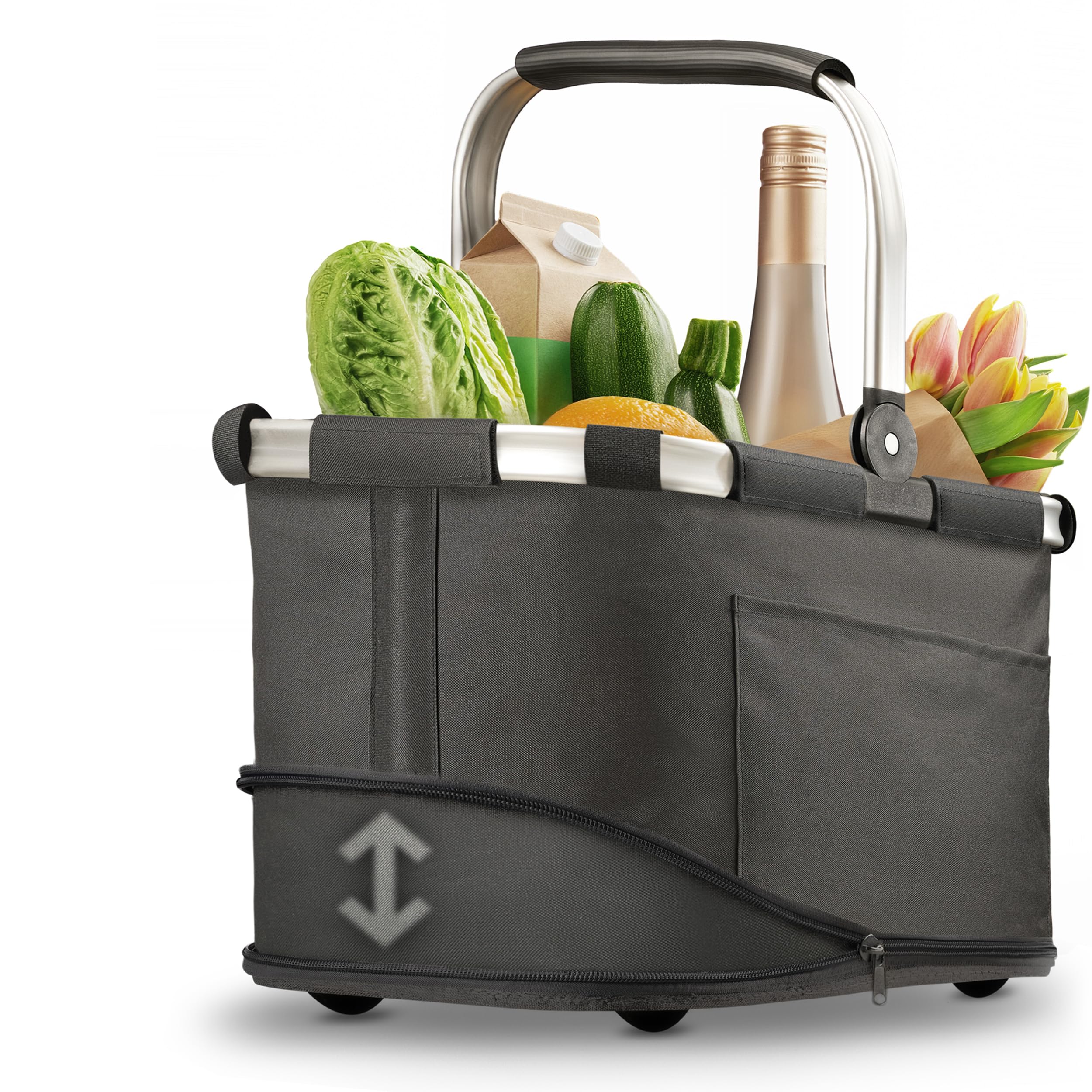 Praknu Einkaufskorb Faltbar Groß – 2 in 1 Erweiterbar 25L auf 35L – Abnehmbarer & Waschbarer Bezug – Stabil mit Alurahmen & Verstärktem Boden – Extra Fächer Innen & Außen – Tragekorb –Schwarz