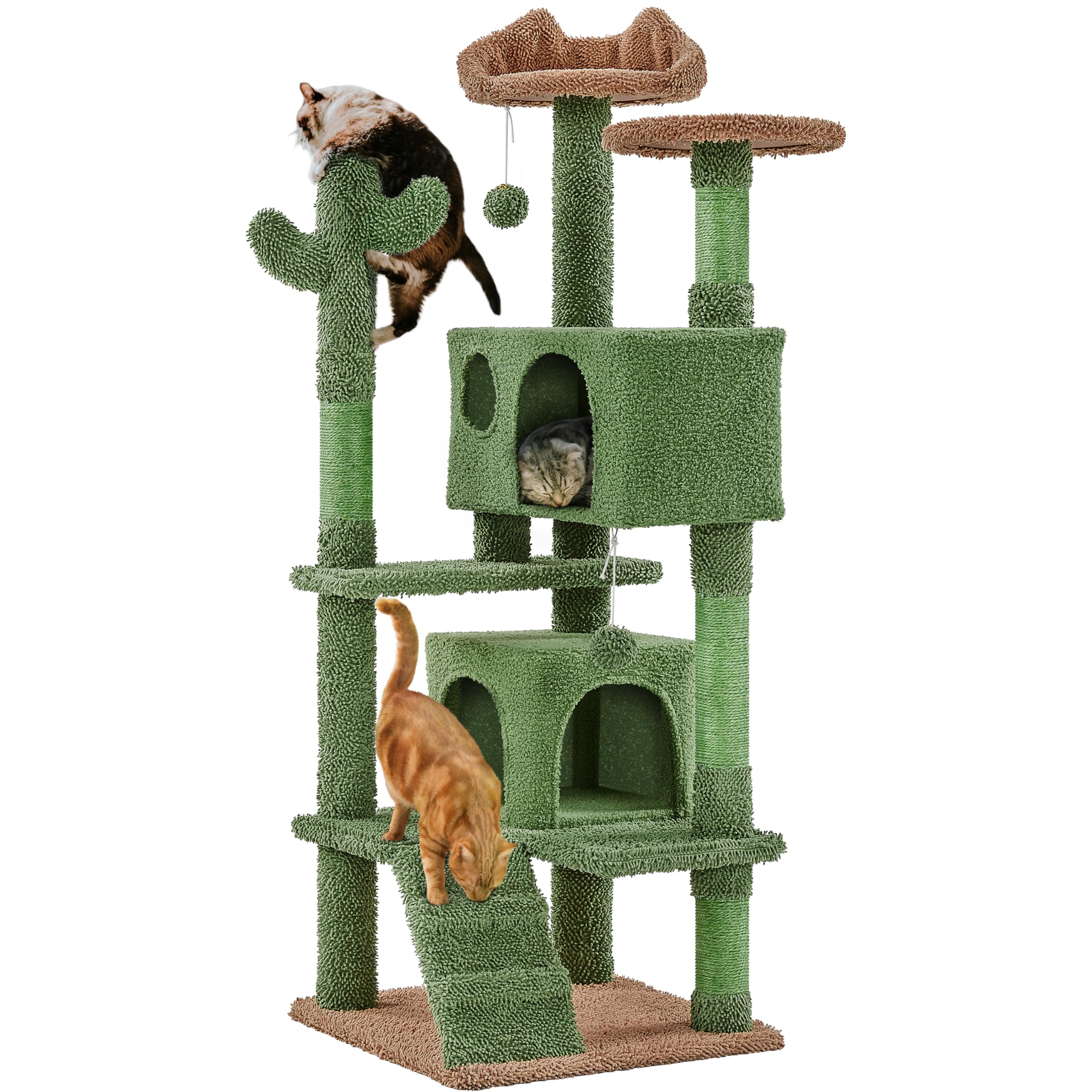 Yaheetech Árbol Rascador para Gatos de Cactus de Felpa 48,5x48,5x138 cm Torre Escalador de Sisal Multiplataforma para 1-3 Gatos Medianos con Cueva Grande Dos Bolas Verde y Marrón
