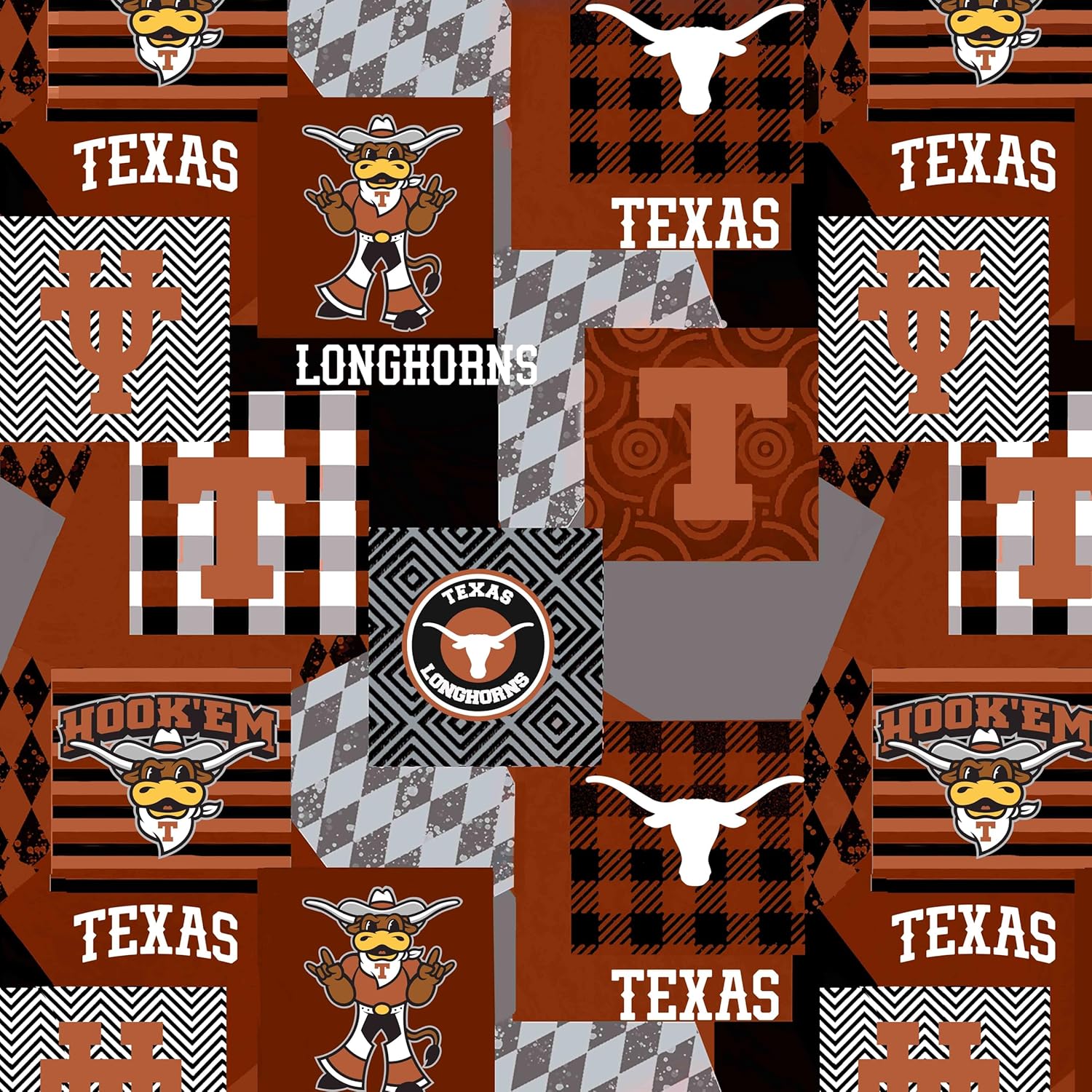 Officially Licensed University of Texas Minky Fabric with Geometric Design-Texas Longhorns Minky Fleece Sold by The Yard