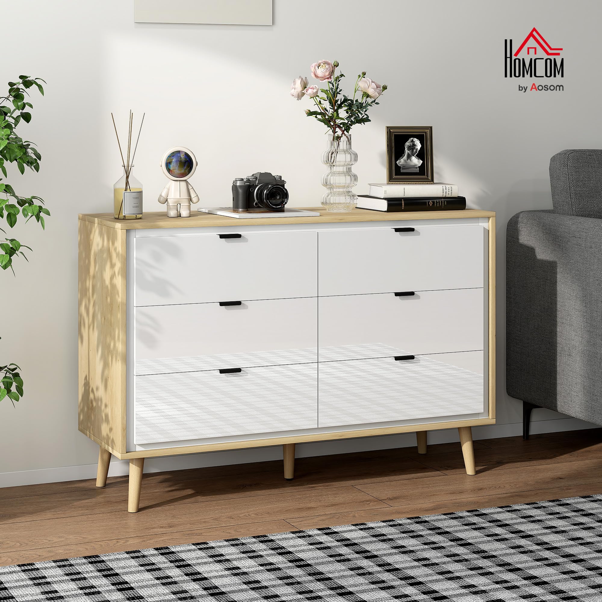 HOMCOM Cómoda 6 Cajones con Frente de Blanco Brillo 110x40x75 cm Roble | Cómoda Dormitorio con Patas de Madera, Cajonera para Salón, Oficina, Estilo Moderno