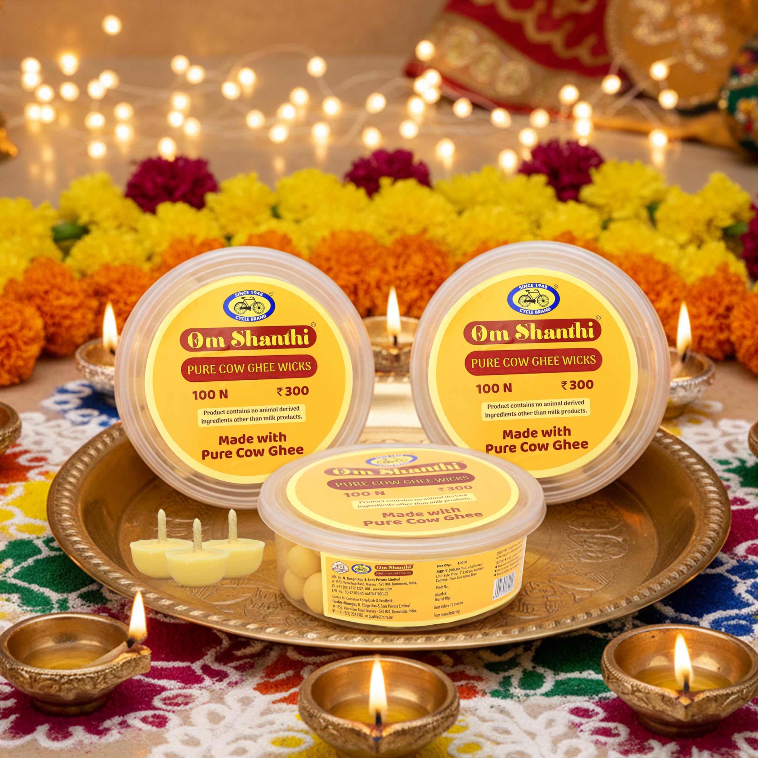 Om Shanthi POOJA MADE PURE Cycle Pure Cow Ghee Diya for Puja-300 Ghee Wicks| Ghee Batti for Pooja,Festivals&Religious Rituals|Readymade Ghee Diya Batti|Easy to Use&Long Lasting| Pack of 3