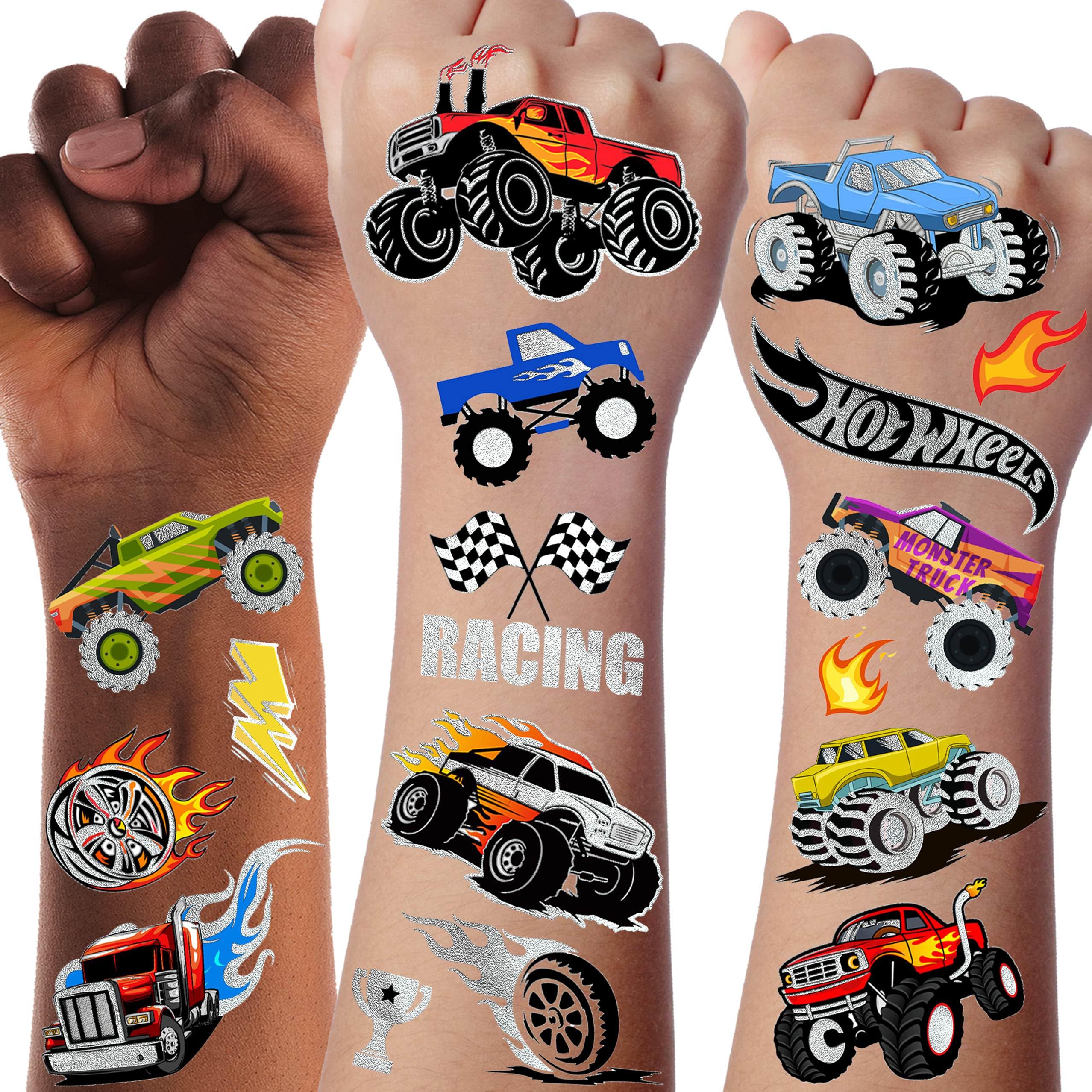 61+ PCS Monster Truck Temporary Tattoos For Kids Boys Girls, Groovy Flash Glitter Silver Metallic Fake Tattoo Sticker, Cartoon Racing Car Flames