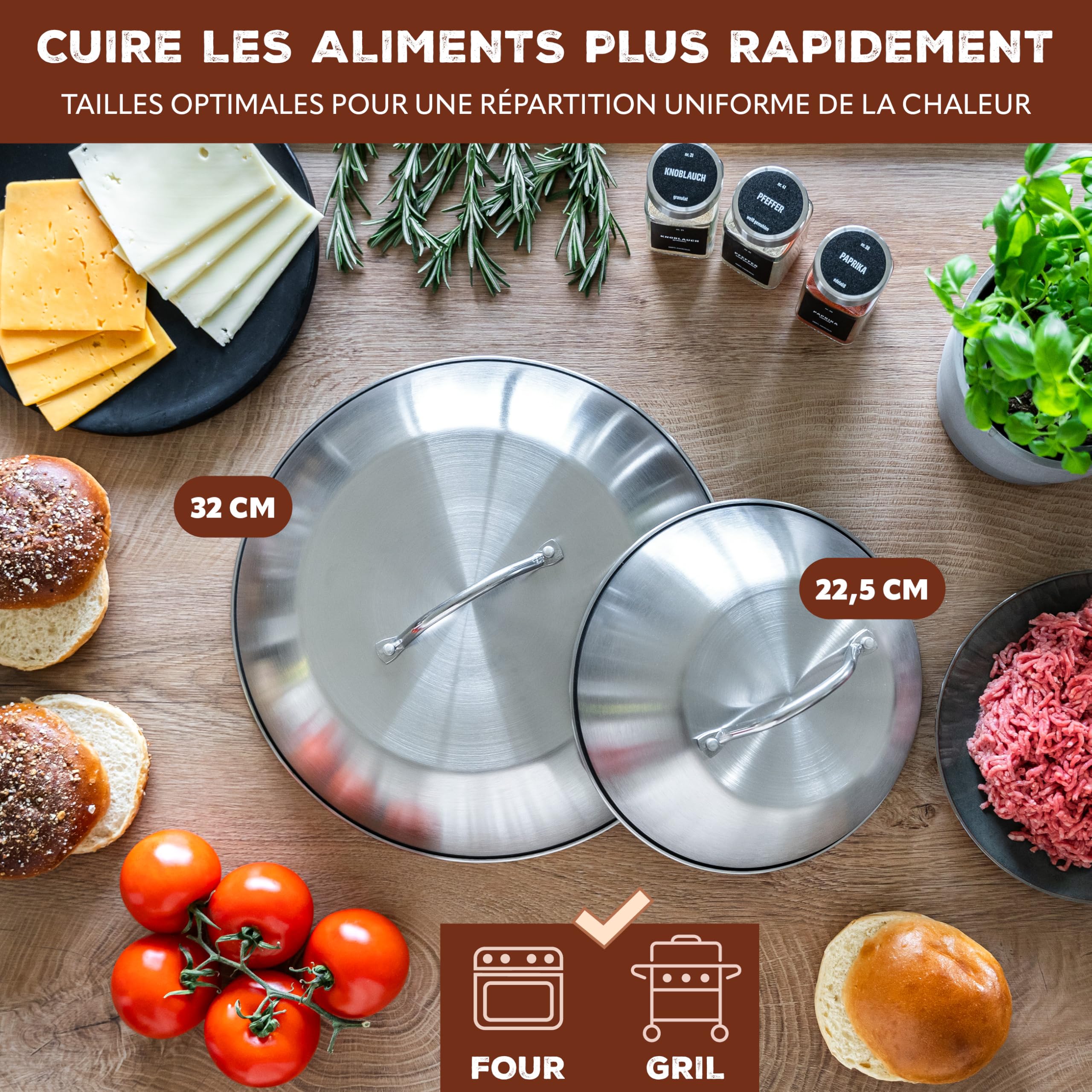 Bremermann Lot de 2 hottes à hamburger, cloche de cuisson, couvercle de barbecue, de cuisson en acier inoxydable, de 22,5 cm et 32 cm de diamètre