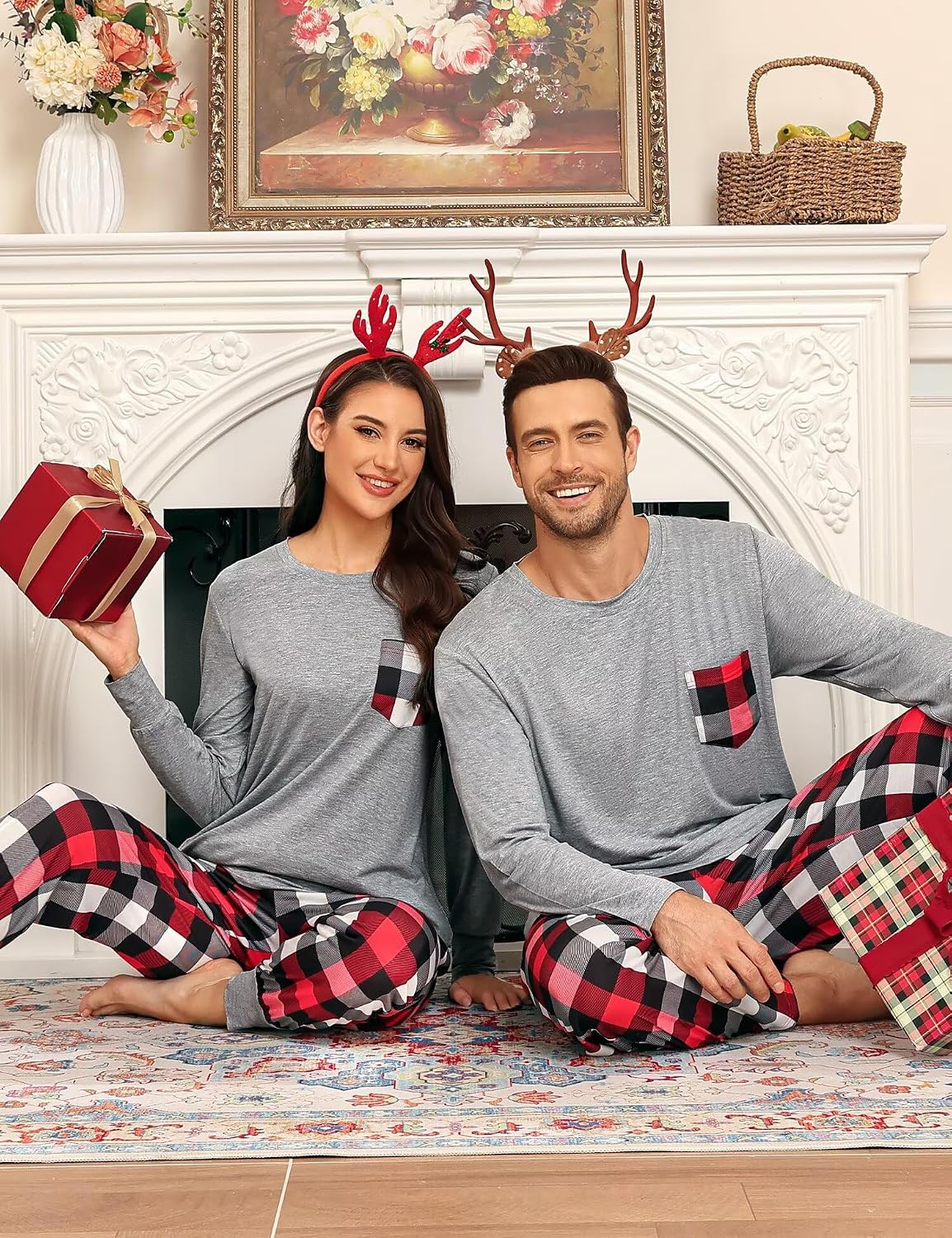 LecGee Matching Family Pajama Set Christmas Couple Plaid Sleepwear Xmas Long Sleeve Lounge Set Men&Women Button Down Pjs Set