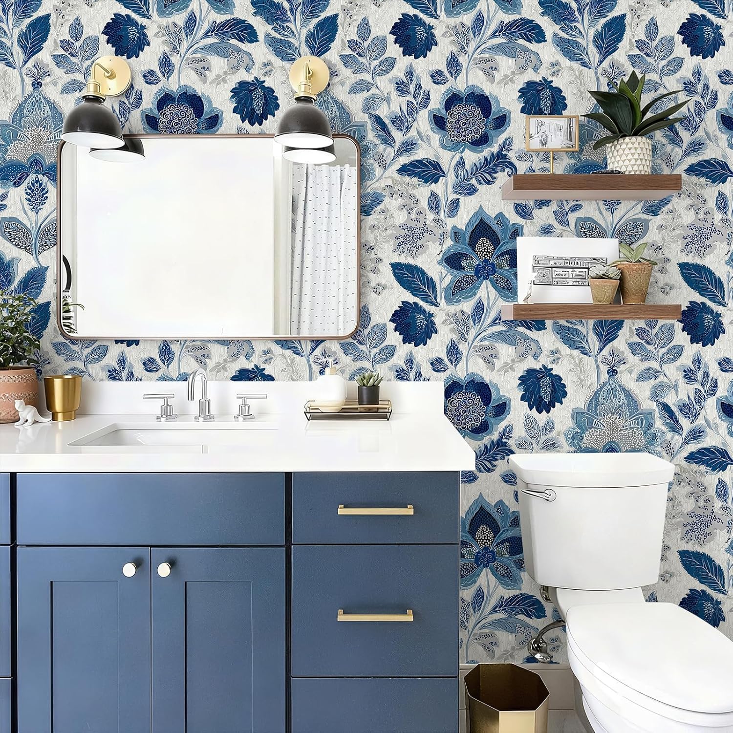 Vintage Blue Floral Wallpaper Peel and Stick Removable 17.7" x 236.22" Intricate Paisley-Infused Botanical Wall Paper Self Adhesive for Classroom Bedroom Laundry Room Bathroom