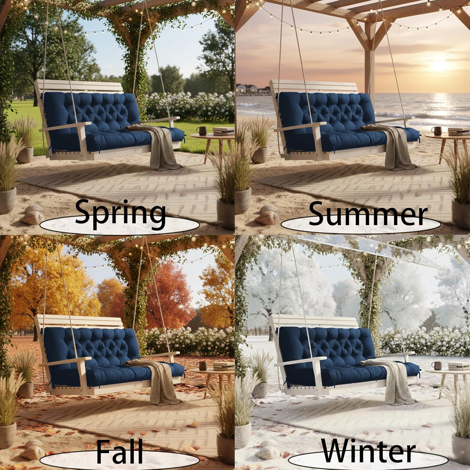 Porch Swing Cushions 3 Seater Replacement with Backrest, 60 inch Waterproof Outdoor Swing Cushion for 2-3 Seat, Thickened Universal Bench with Non-Slip Ties for Patio, Garden (navy blue, 60x40inche)