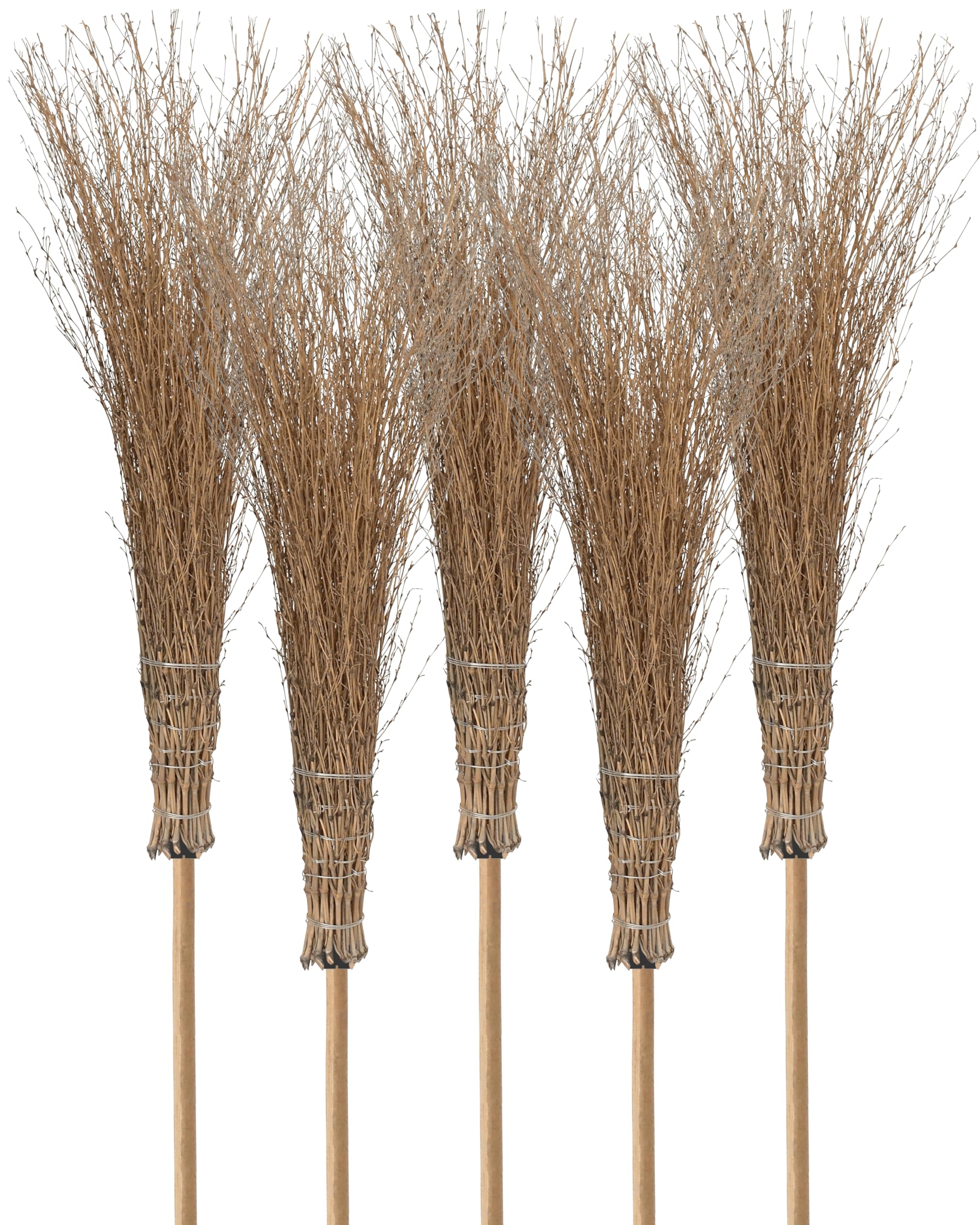 Bambusbesen Spar Set mit Stiel - Stallbesen aus Bambusreisig - Reisigbesen mit Bambusstiel - Strauchbesen, Hexenbesen, Reiserbesen - Kehrbesen für Haus & Garten - 5 Stück