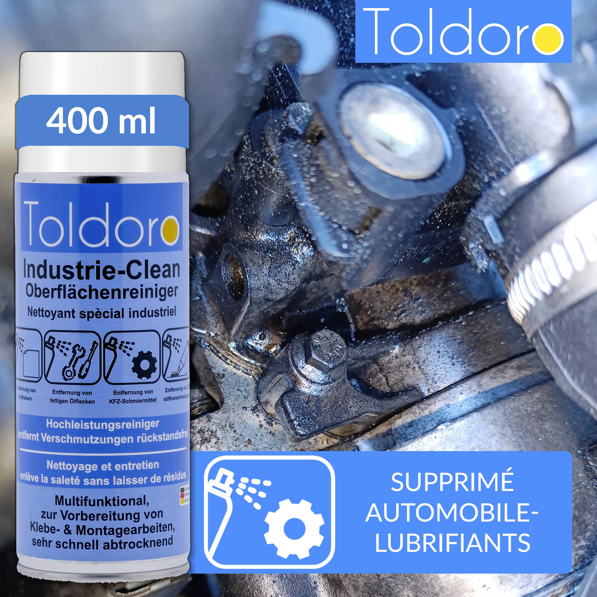 Toldoro Nettoyant industriel, dissolvant d'étiquettes, nettoyant pour machine, dissolvant de résidus de colle, dissolvant d'étiquettes, spray dégraissant (12 x 400 ml)