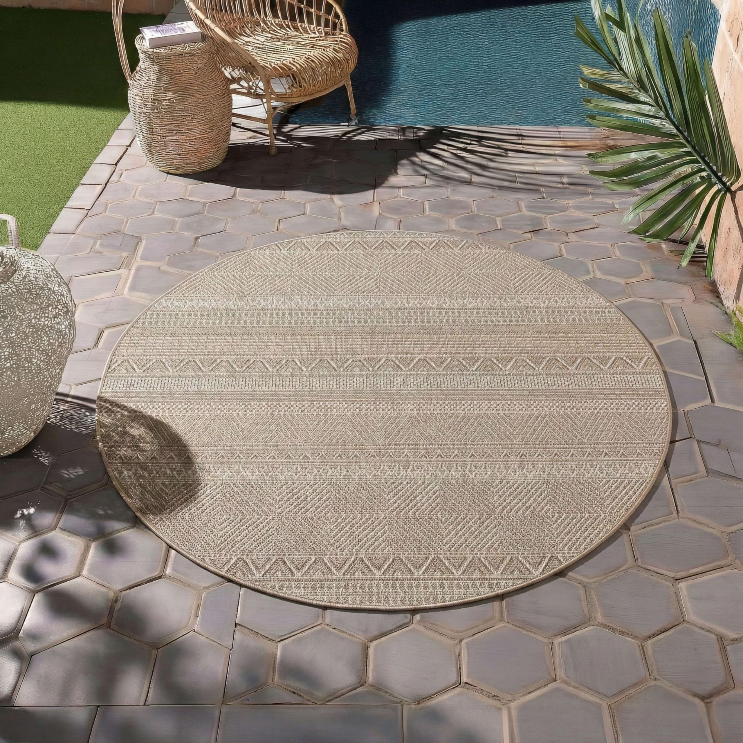 HomebyHome Outdoor Teppich Beige Wetterfest UV-beständig Pflegeleicht Skandinavisches Boho Design für Küche Balkon Terrasse Garten Wohnzimmer Esszimmer