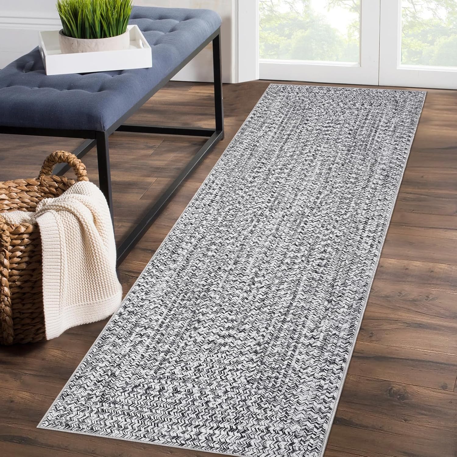 Hallway Runner 2×8 Print Braided Washable Entryway Rug, Stain Resistant Non-Slip Area Farmhouse Solid Printed Textured Floor Carpet for Bedroom Laundry Kitchen, Grey Hallway Runner 2×8 Print Braided Washable Entryway Rug, Stain Resistant Non-Slip Area Farmhouse Solid Printed Textured Floor Carpet for Bedroom Laundry Kitchen, Grey