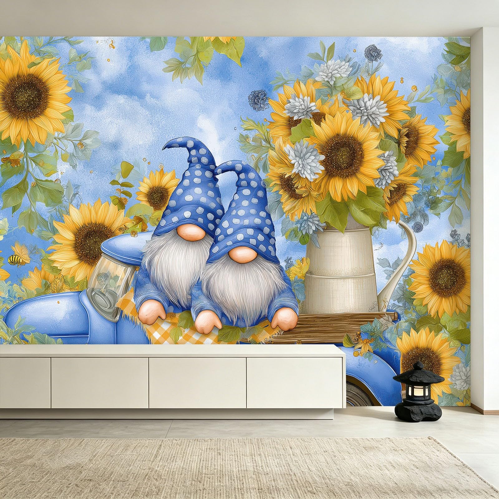 Générique Panoramiczna tapeta z włókniny festiwal kreskówka 250 x 175 cm, słonecznik krasnal ogrodowy tapeta - do salonu sypialnia jadalnia dekoracja ścienna, rozmiar na zamówienie