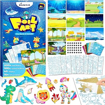 Baobrava Foil Fun Art Craft Kit - Animal Arts and Crafts for Kids 4-8 - DIY Creative Activity Travel Toys - Foam Stickers Books - Birthday Gift for Boys Girls - Easter Gifts