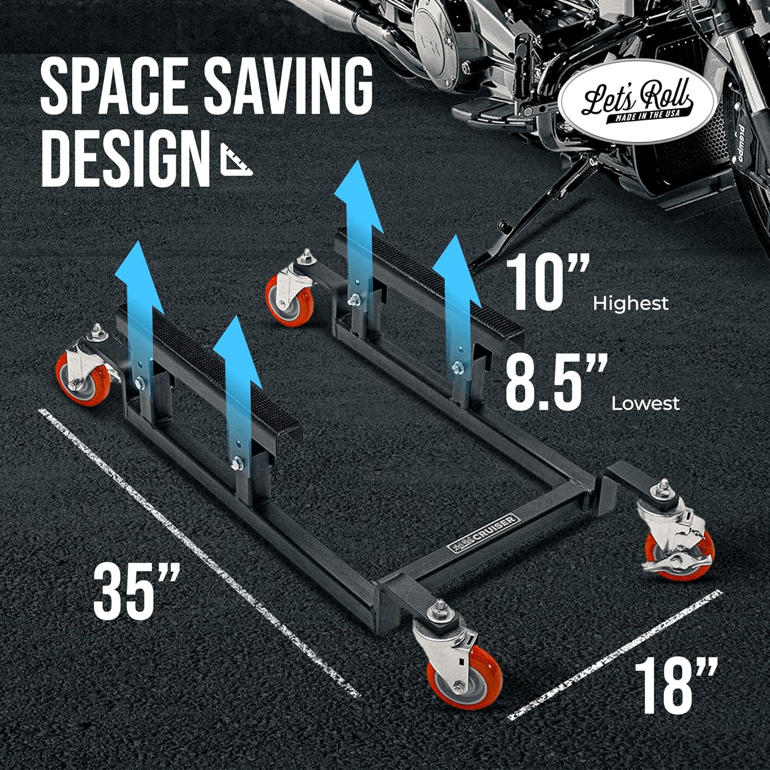 Let's Roll Cruiser Apexx Package Deal Motorcycle Dolly and Lift - 1200 LB Heavy Duty Scissor Motorcycle Lift Jack & Dolly for Garage Storage, Scissor Lifts Jack and Moving Dolly - Made in The USA