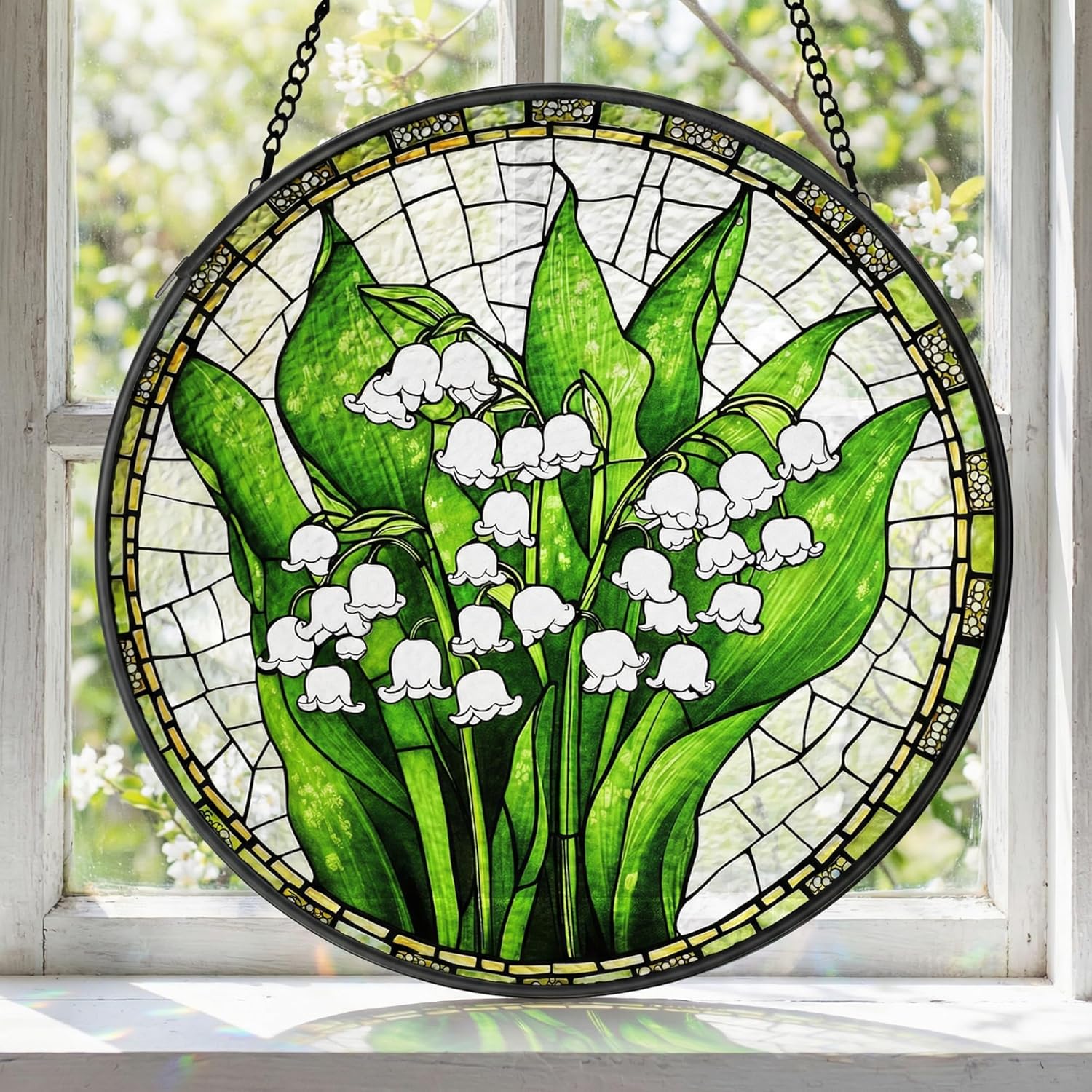 Lily of The Valley Stained Glass Suncatcher - Memorial & Remembrance Gift, Rainbow Maker Window Hanging Decor for Indoor Sunlight, Green & White Sun Catchers for Women, Mom, Grandma