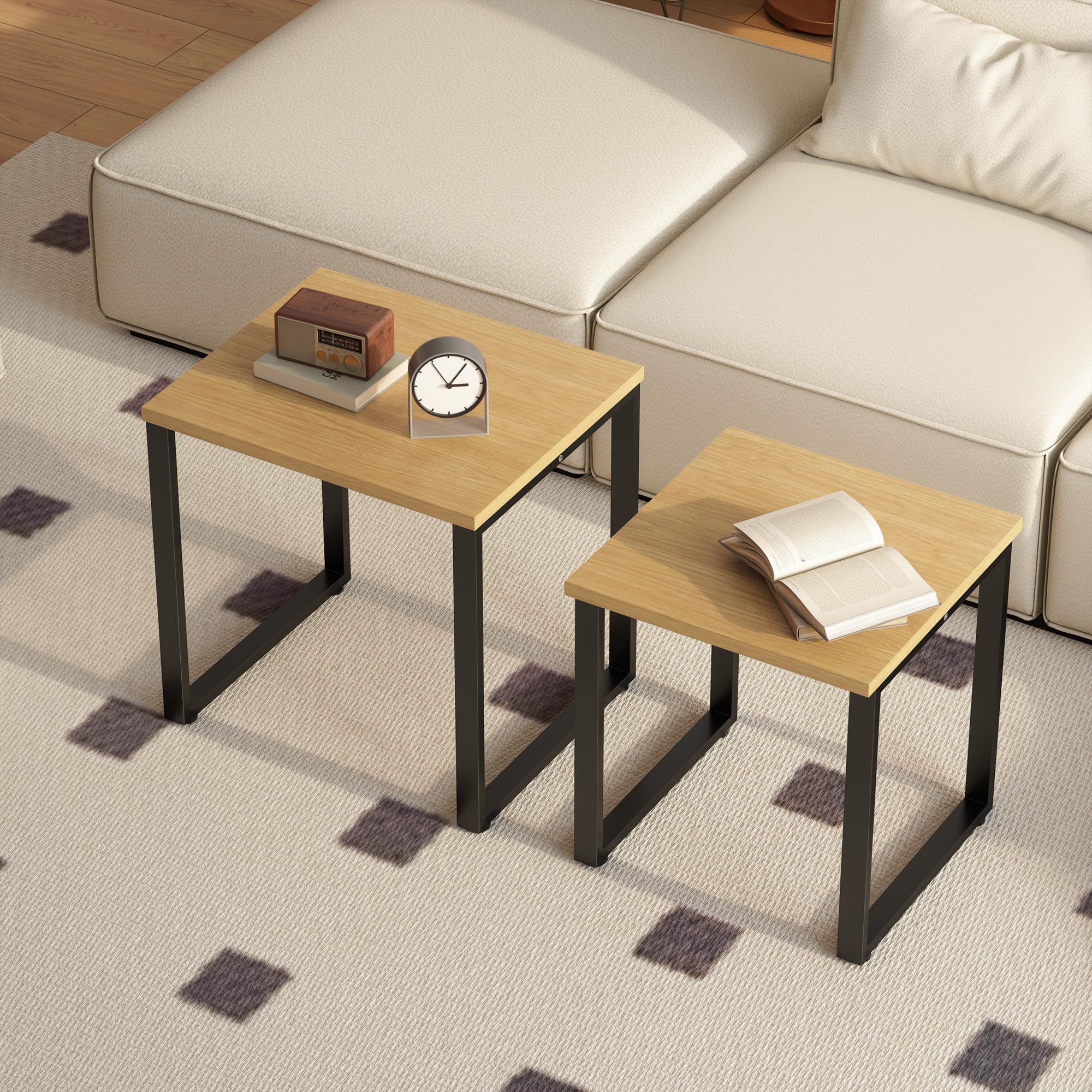 HOMCOM Couchtisch Satztisch mit Metallrahmen für Wohnzimmer Natur
