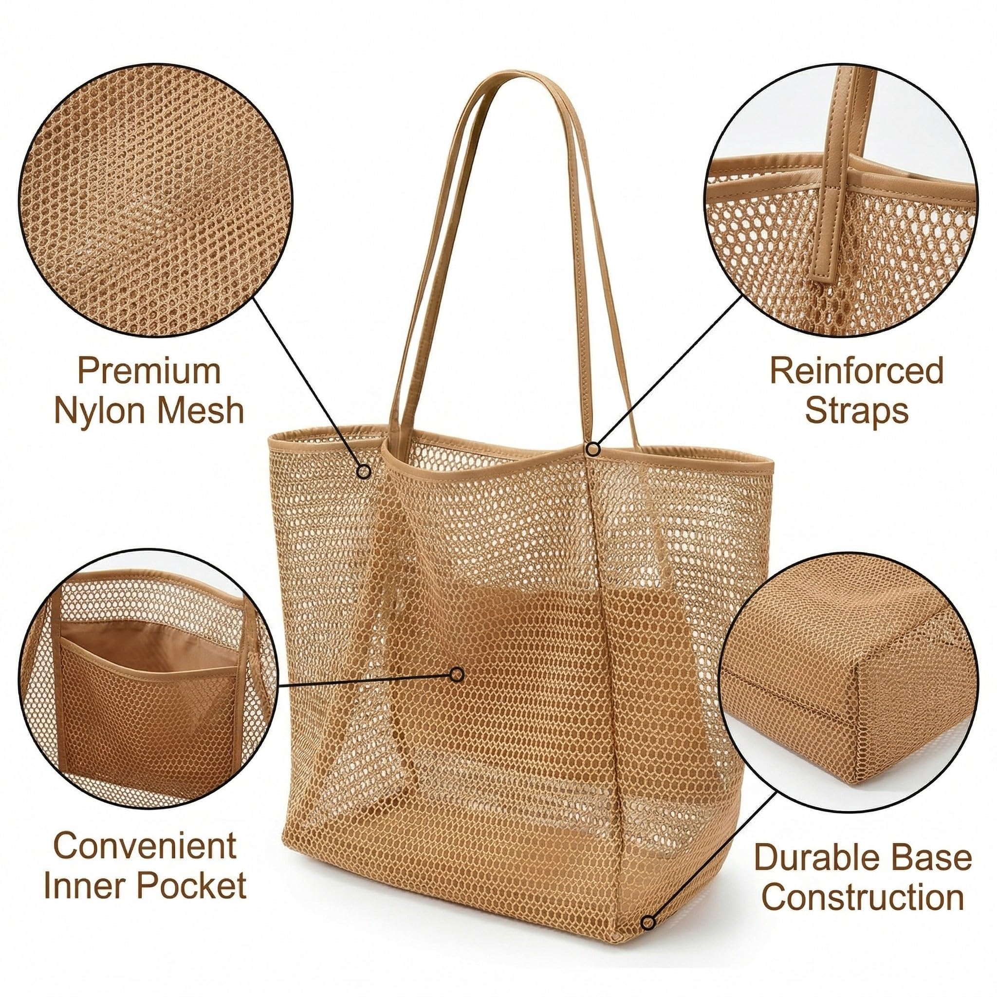 Borsa Mare Donna Grande Pieghevole in Nylon 35x17x37cm Marrone
