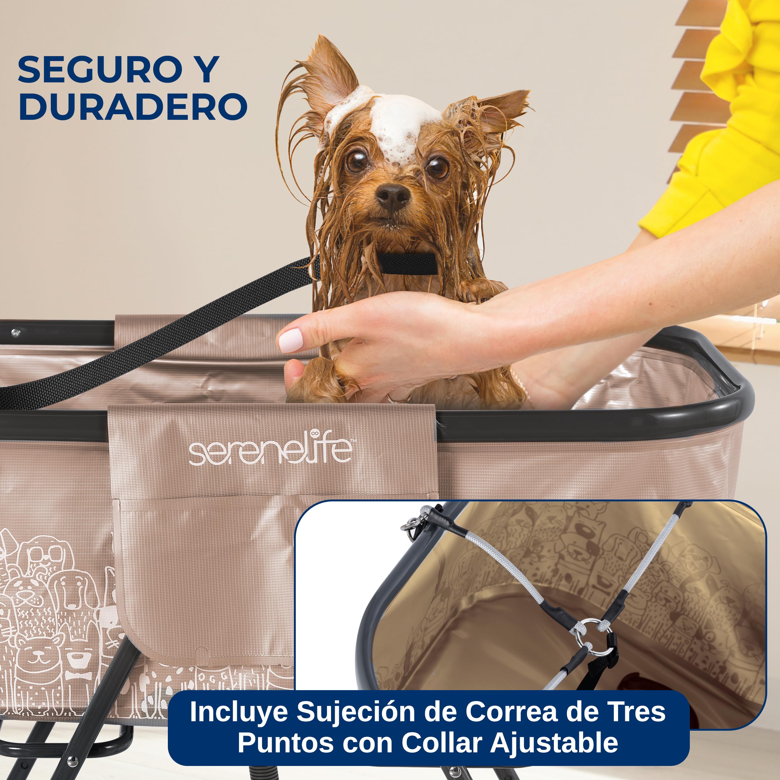 SereneLife bañera para Perros, Plegable, Altura Ajustable, con Manguera de Drenaje y Bolsillos de Almacenamiento, para Uso en Interiores y Exteriores