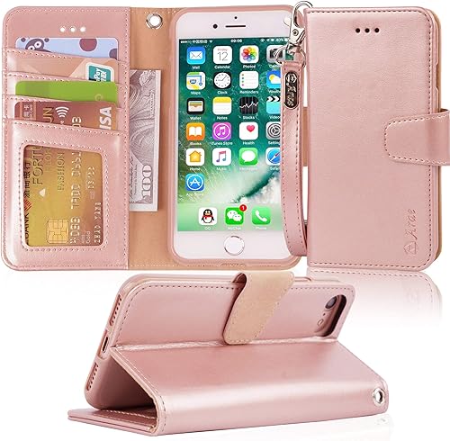 Arae Funda para iPhone 7, funda de bolsillo para iPhone 7 con soporte y cobertura abatible, Dorado rosado