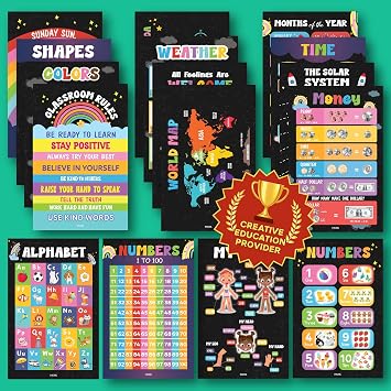 EXCOOL CLUB Chalkboard Toddler Learning Posters, 16 Pc 11x17 ABC Charts