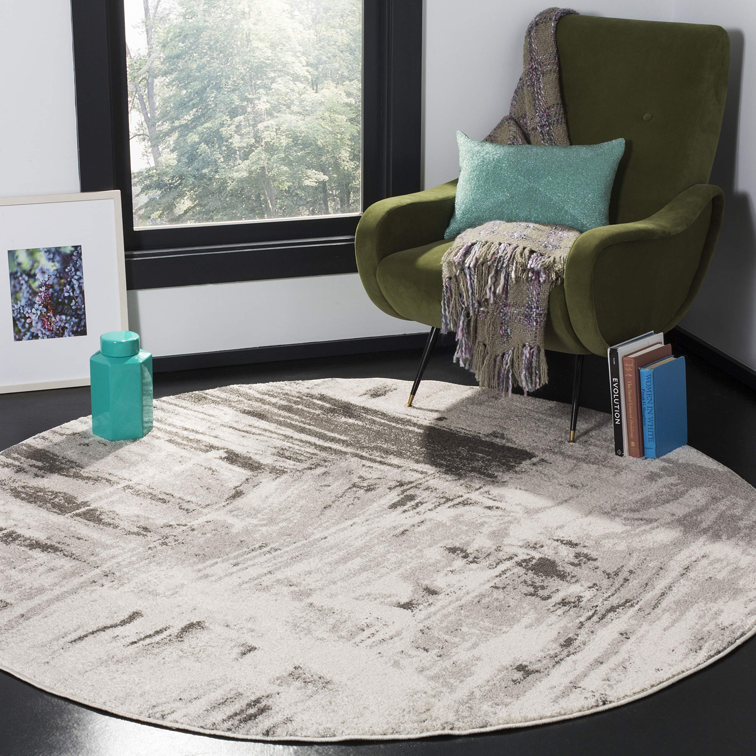SAFAVIEH Adirondack Collection 8' Round Ivory/Grey ADR133C Modern Abstract Non-Shedding Area Rug