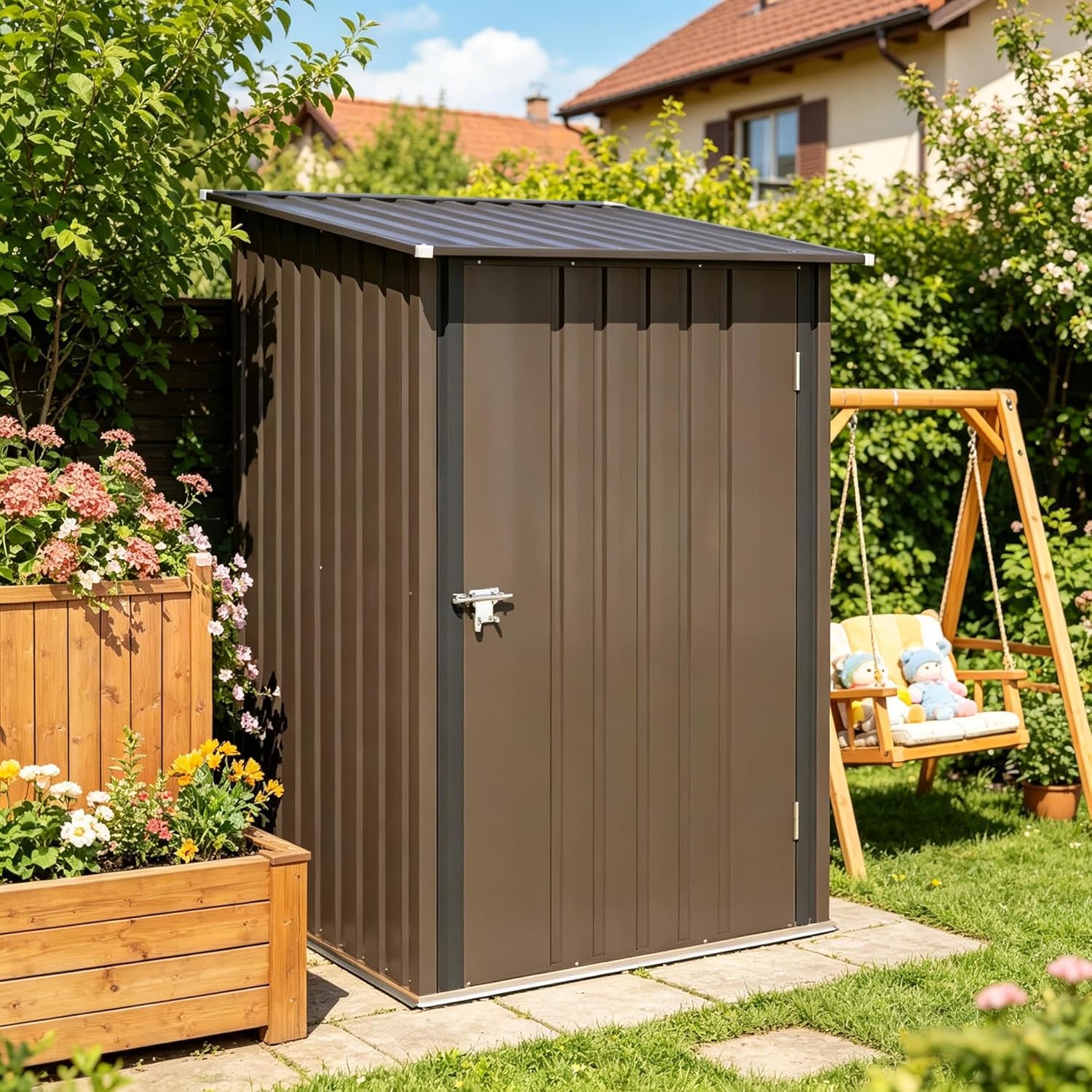 Lockable Metal Shed for Outdoor Tools and Garden Storage, Small Backyard Lean-to Design with Sloped Roof and Ventilation, Waterproof and Sturdy Construction (Assembly Required)