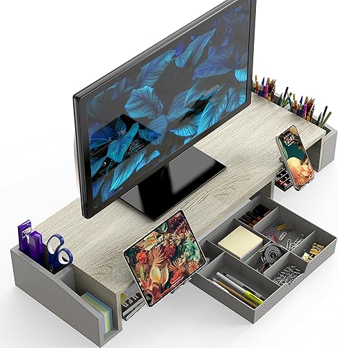 Miniatura 2 de Simple Houseware Soporte elevador de escritorio para monitor doble con cajón, arce