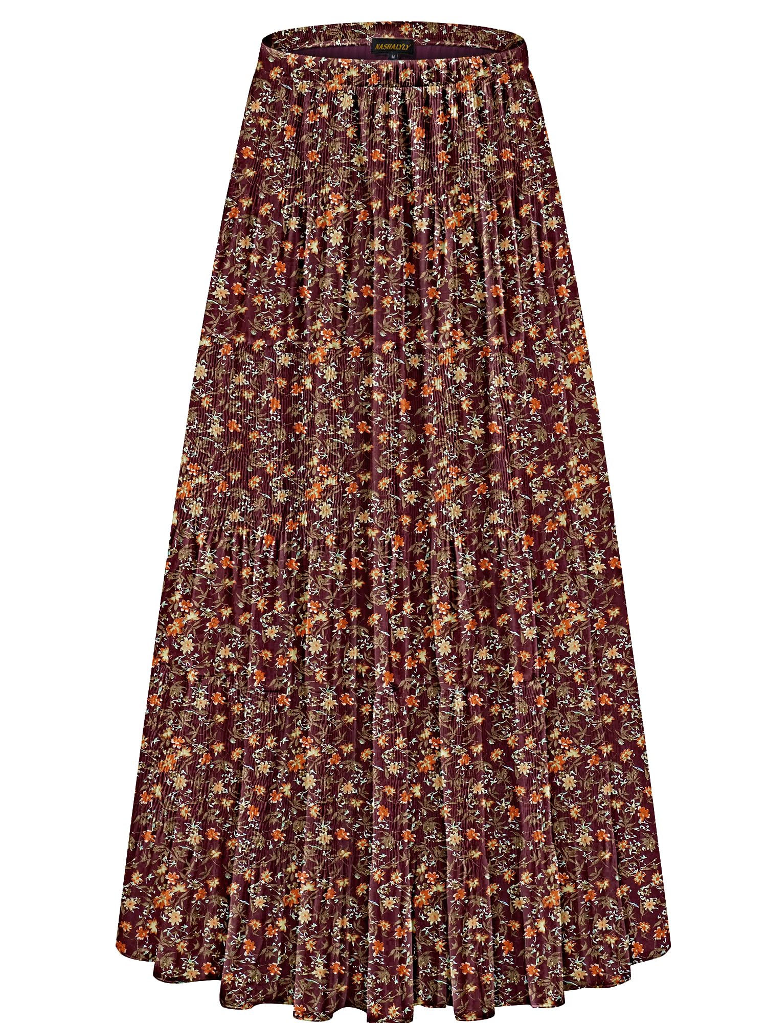 NASHALYLY Women's Chiffon Elastic High Waist Pleated A-Line Maxi Skirts