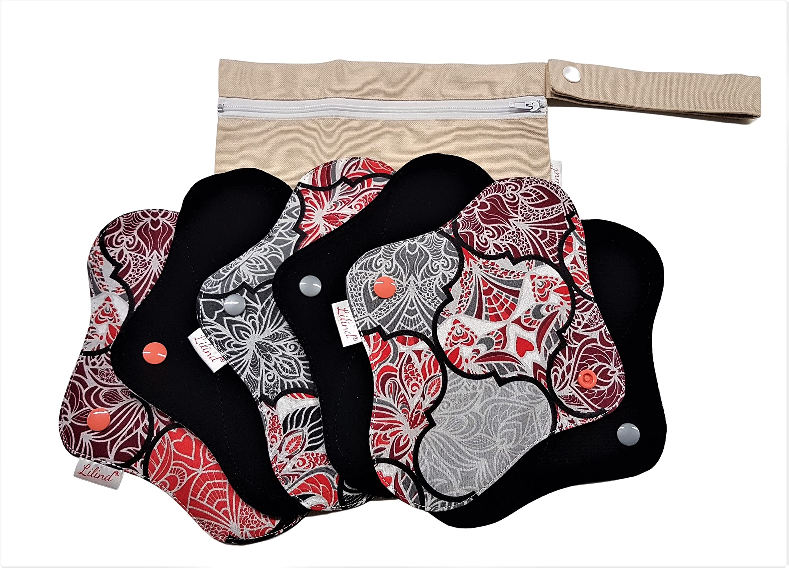 Lilind - Juego de 6 almohadillas de tela orgánicas de 9 pulgadas, set de principiante, bolsa húmeda con cremallera, reutilizables e impermeables, servilletas sanitarias menstruales, 100 % algodón