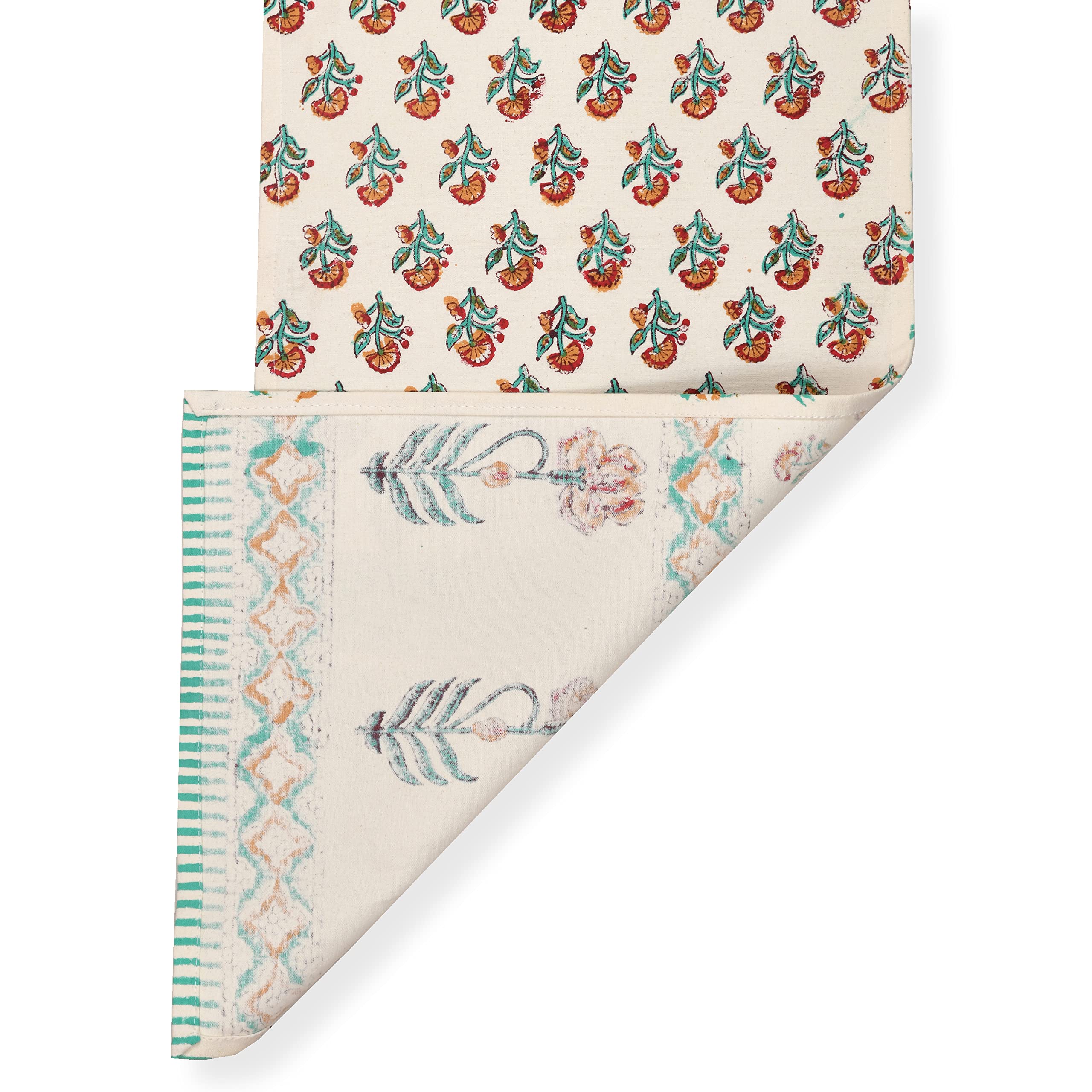 BLOCKS OF INDIA Hand Block Printed Cotton Table Runner for Center/Dining Table (13 x 72 Inches) (Turquoise Flower) 3