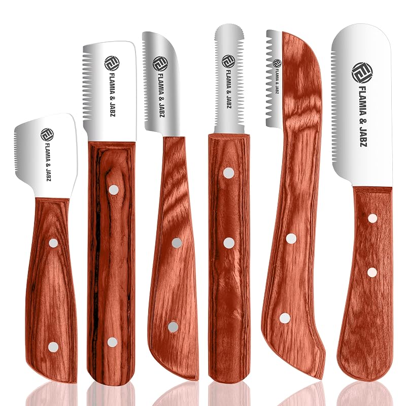 Kit de Facas para Remoção de Pelos FLAMIA & JABZ FJ com Lâmina de Aço Inoxidável e Cabo de Madeira, para Cães e Pets, 6 Peças - Laranja