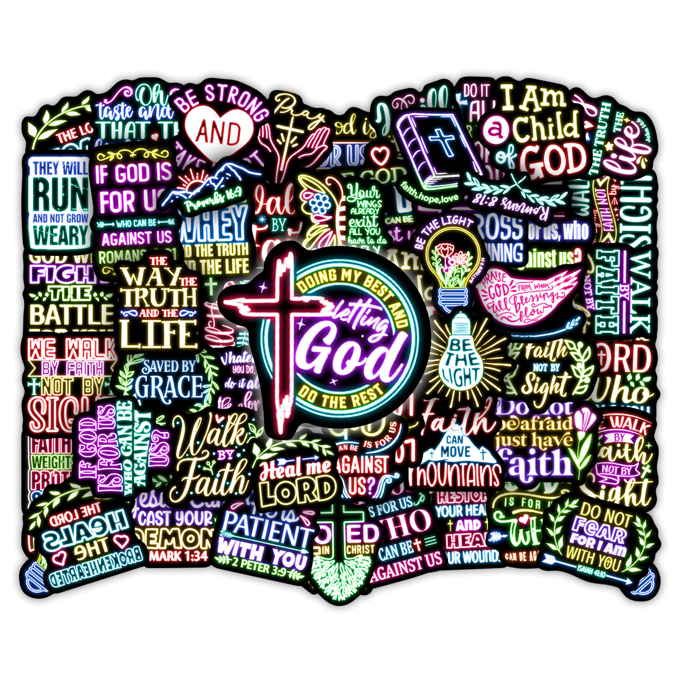 50 Pcs Jesus Christian Bible Stickers for Kids, Neon Christ Faith Vinyl Waterproof Water Bottle Laptop Decals, Teens Adults Religious Christianity