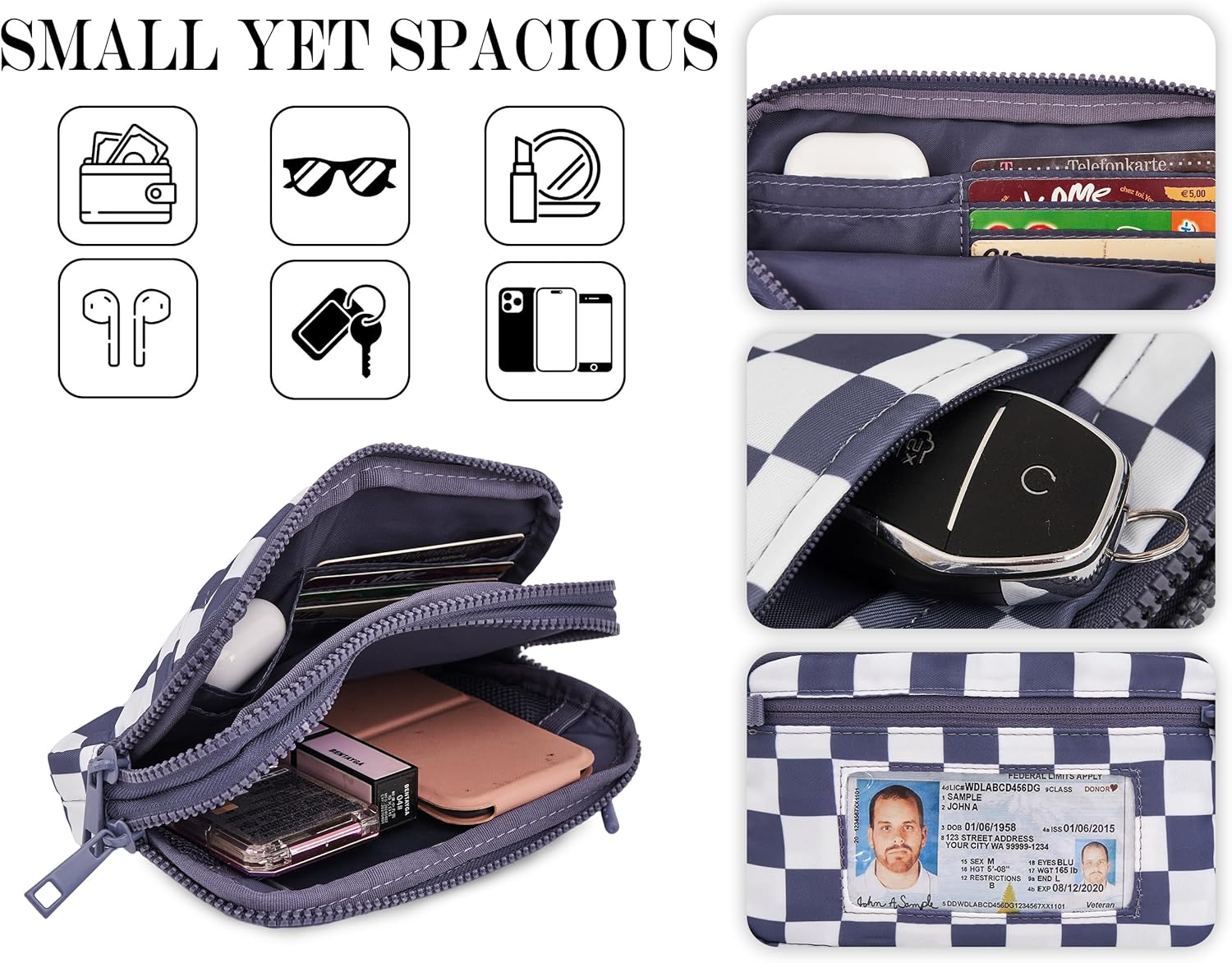 Wristlet Wallets for women,Checkered Crossbody Bag,4 Zipper Nylon RFID Clutch Purse With 2 Straps,Cell Phone Purse - Image 4
