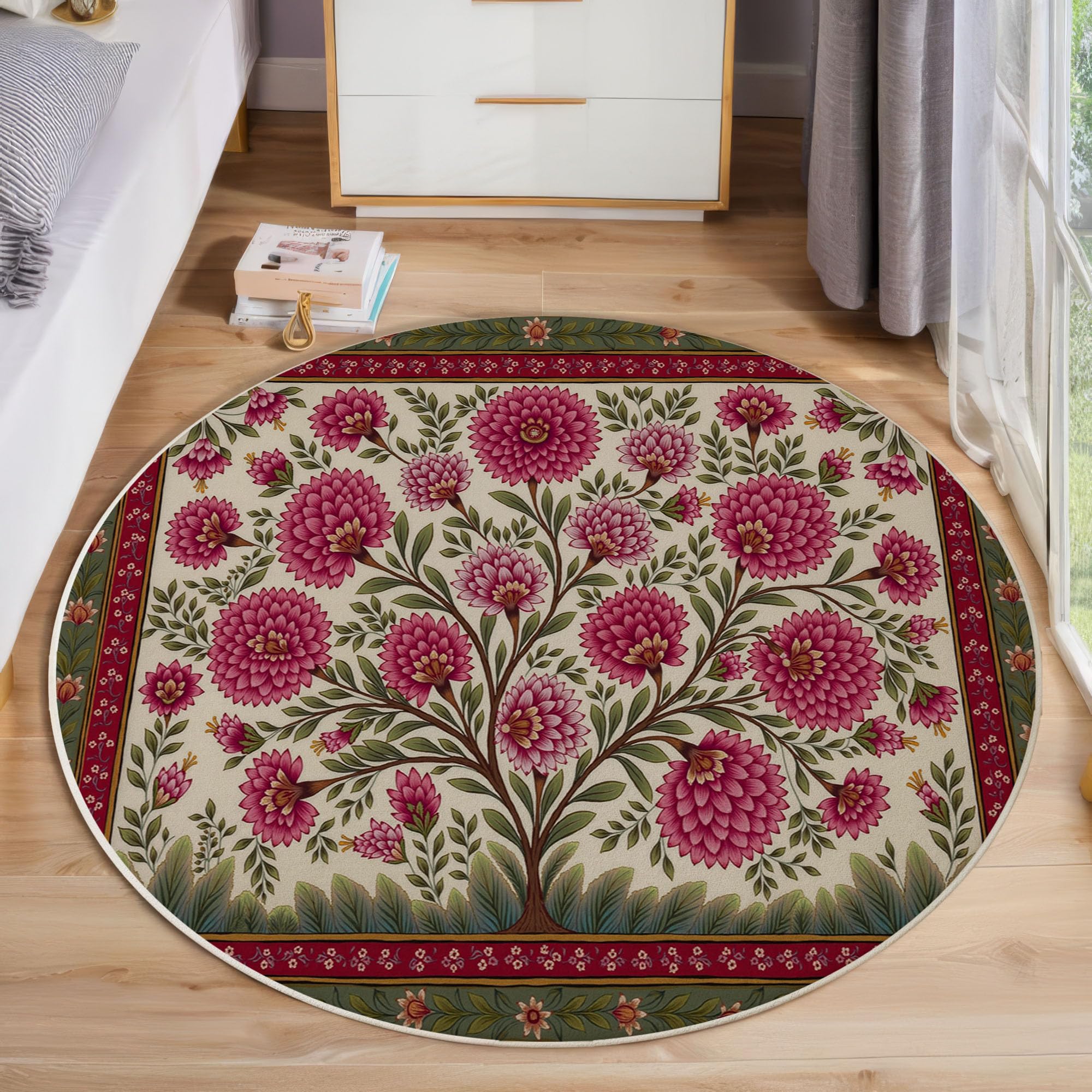 Tapis rond antidérapant dahlia oriental rouge 160 cm lavable et facile à nettoyer