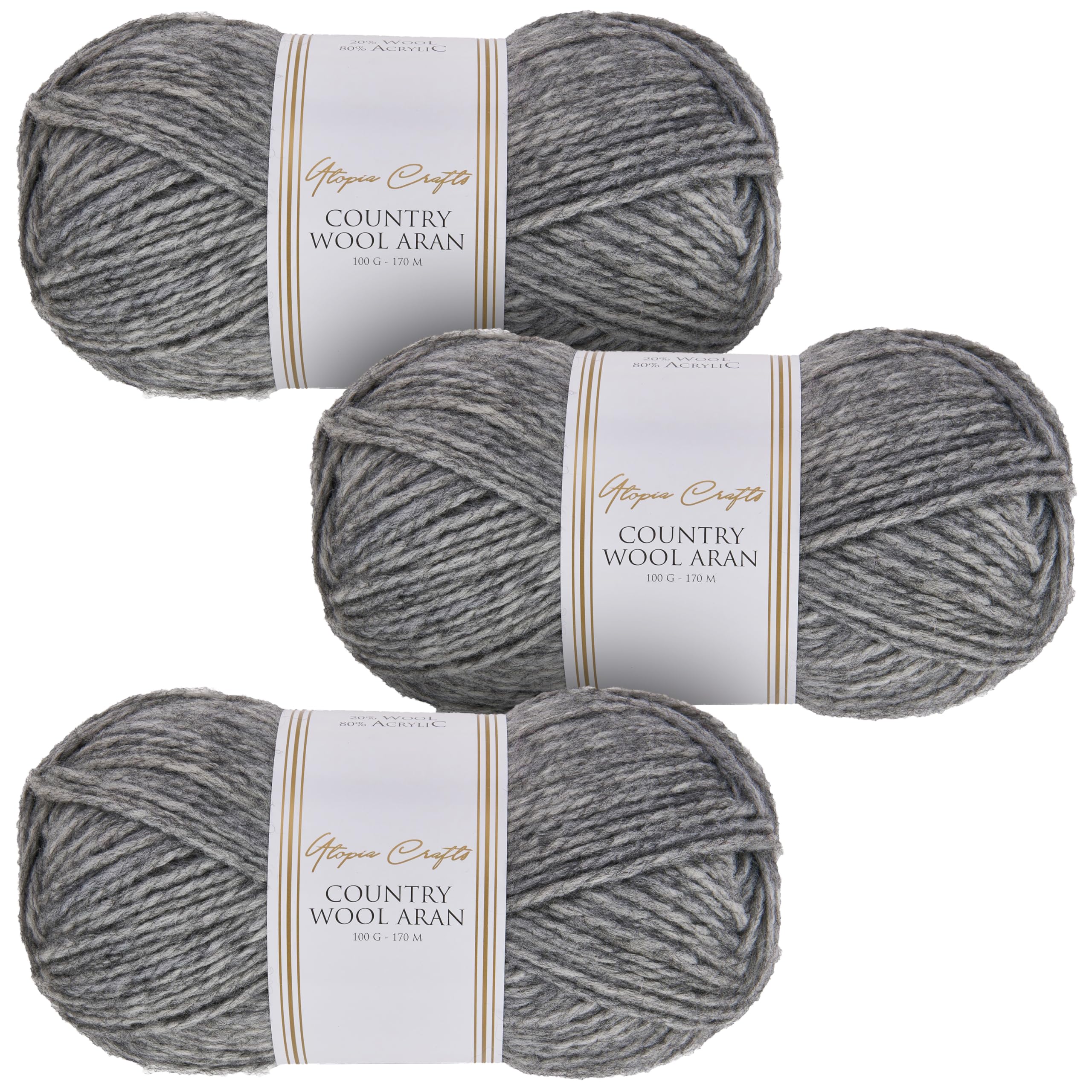 Utopia Crafts Country Wool Blend Aran Yarn for Knitting and Crochet 3X 100g (Charcoal)