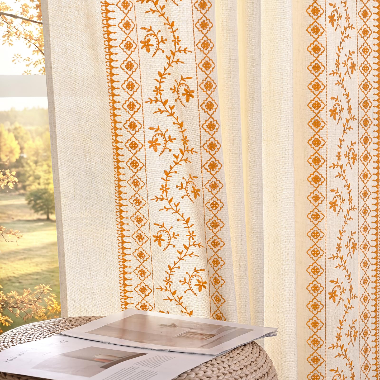 Yinhua Boho Curtains for Living Room 84 Inch Long Orange Embroidered Floral Bedroom Curtains, Light Filtering Farmhouse Window Curtain Rod Pocket &amp; Back Tab Drapes, 52" W x 84" L, 2 Panels
