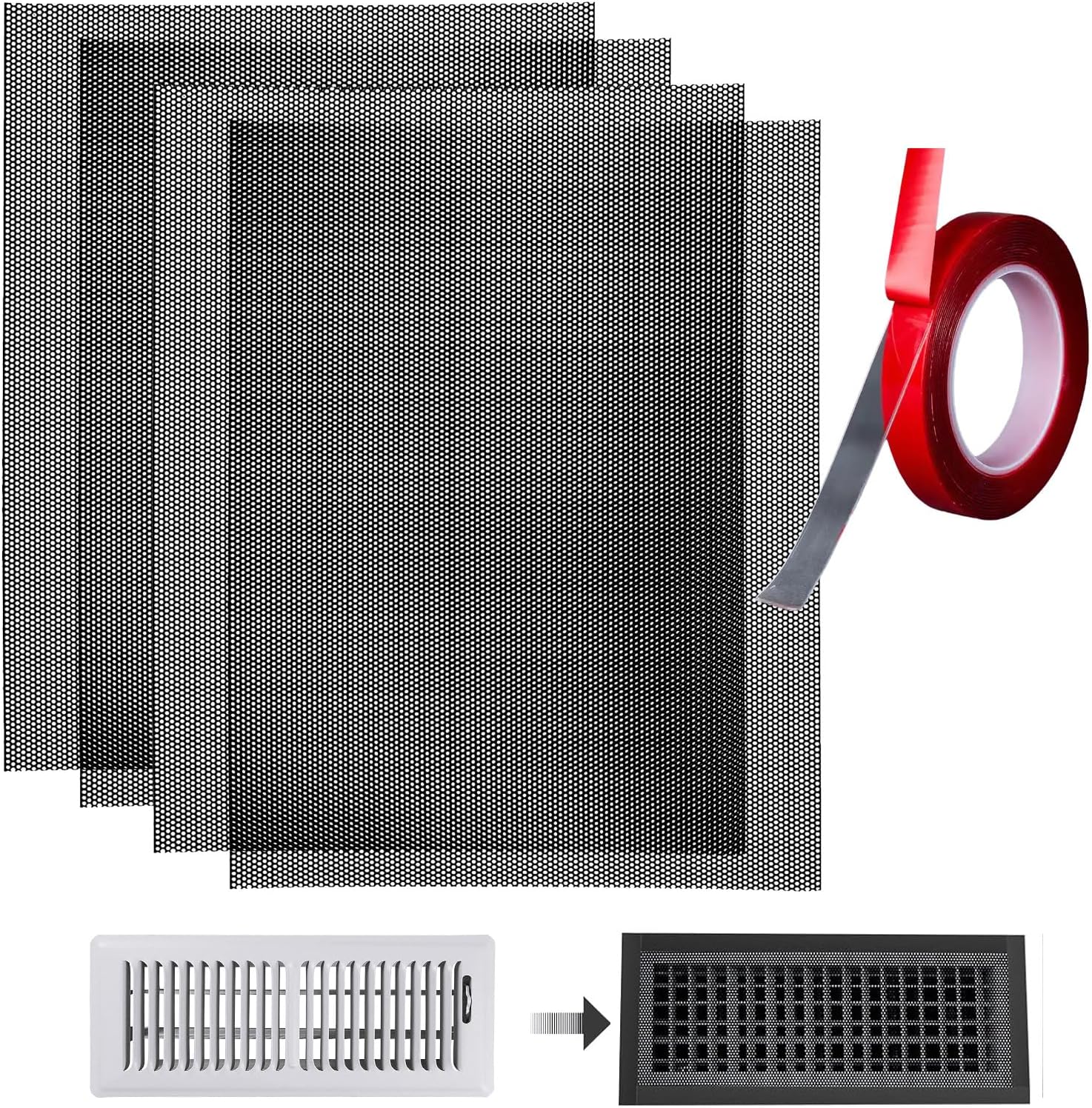 DIY Vent Cover Kit, 13.8"x11.8" Mesh Screen (4 Packs) & 16.4FT Strong Residue-Free Adhesive Tape, Bonds to Wood/Plastic & More（Black）