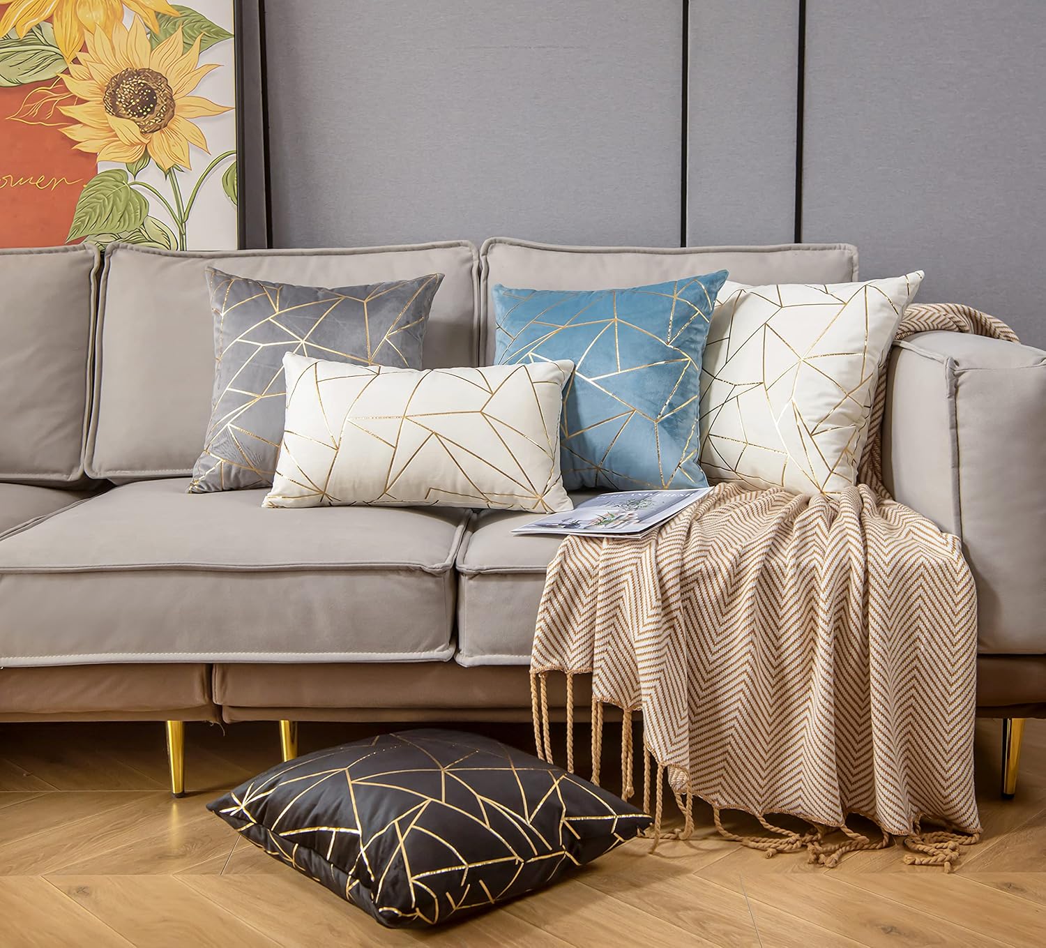 YONGLIU 2 Packs Velvet Cushion Cases Decorative Gold Foil Geometric Pattern Ultra-Soft Square Throw Pillow Covers for Modern Homes Couch Sofa Bedroom Living Room Car Chair (Off White, 16"X16") - Image 6