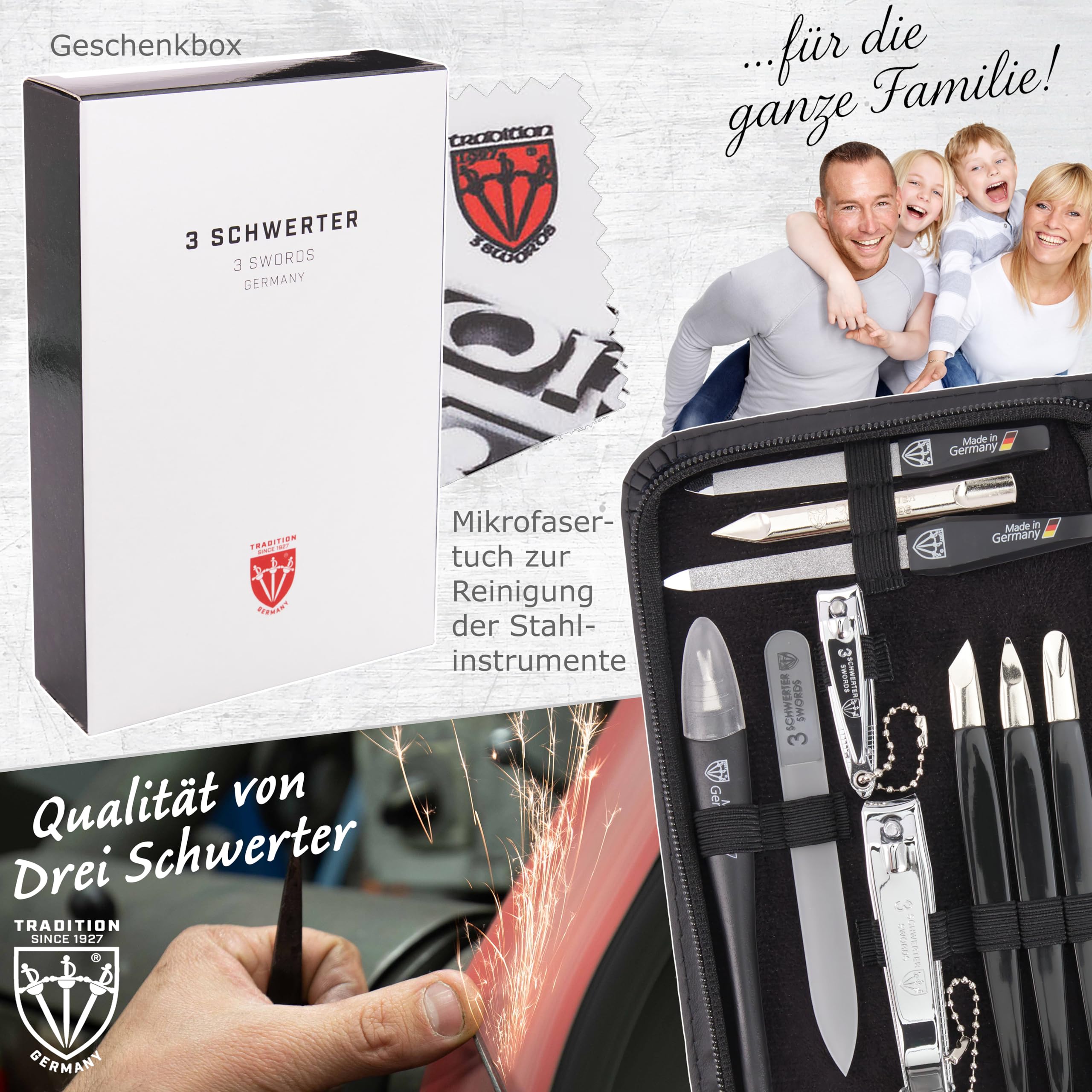 DREI SCHWERTER - 16-tlg. Maniküre Pediküre Set 'Cinisello' hochwertiges Nageletui aus Echtleder für die hand- und Fußpflege Inhalt: Nagelschere, Nagelknipser, Pinzette und vieles mehr!