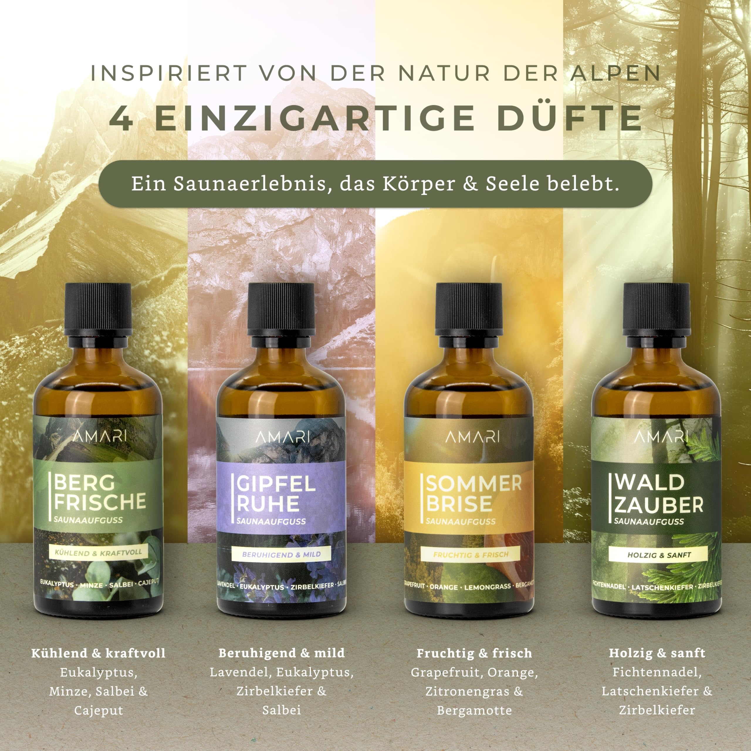 Amari ® Saunaaufguss Set Alpenglück – natürliche Saunadüfte mit Bio-Ethanol – Naturreine Ätherische Öle – Aufgussmittel, Sauna, Saunaöl, Duftöl
