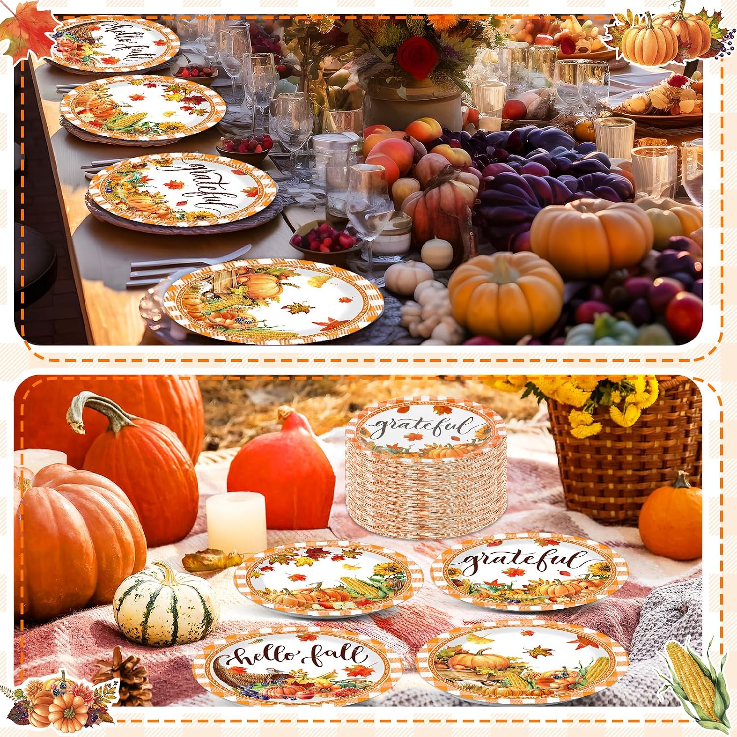 OBUSATT 100 Pcs Thanksgiving Dessert Paper Plates Fall Disposable Party Supplies 7inch Autumn Pumpkin Harvest Cake Plate Orange Plaid Dinner Tableware Set for Fall Maple Thanksgiving Party Decoration