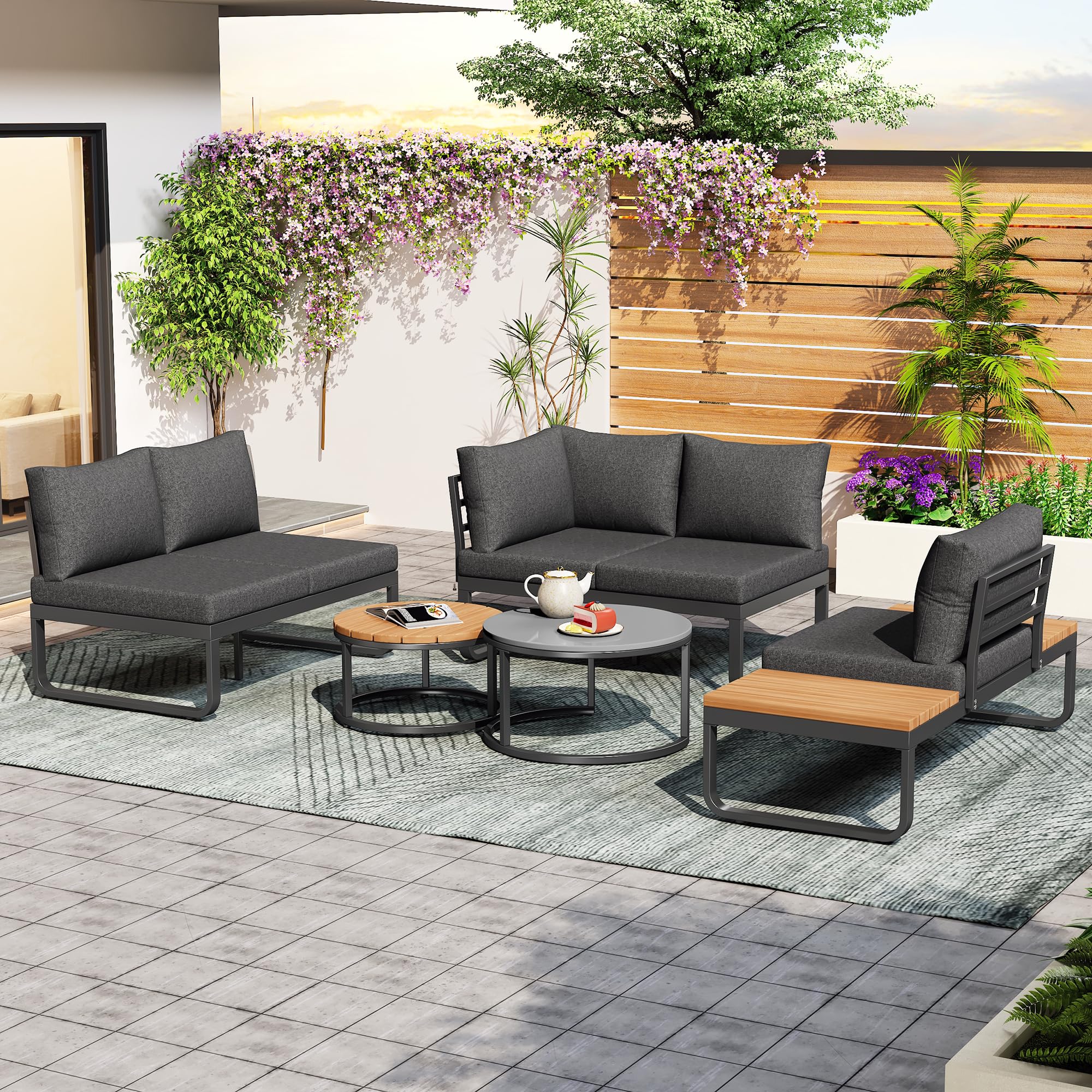 Muebles Jardin Exterior de 5 Piezas con 2 Mesas y Cojín Suave, Sofa Terraza Exterior para 4-5 Personas, Conjunto Jardin Exterior con Patas Ajustables y Mesita Auxiliar, Estructura Metal, Gris