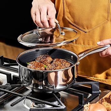 HexClad Hybrid Pot with Lid 3L - Cooking Pot with Tempered Glass Lid - Stock Pot for All Hobs - Non-Stick Honeycomb Pot - Oven & Dishwasher Safe Saucepan