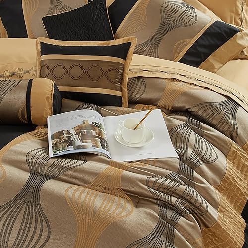 Miniatura 3 de Grand Avenue Elegante juego de edredón dorado vino Califirnia tamaño King, a rayas, 15 piezas habitación en una bolsa, juego de ropa de cama de