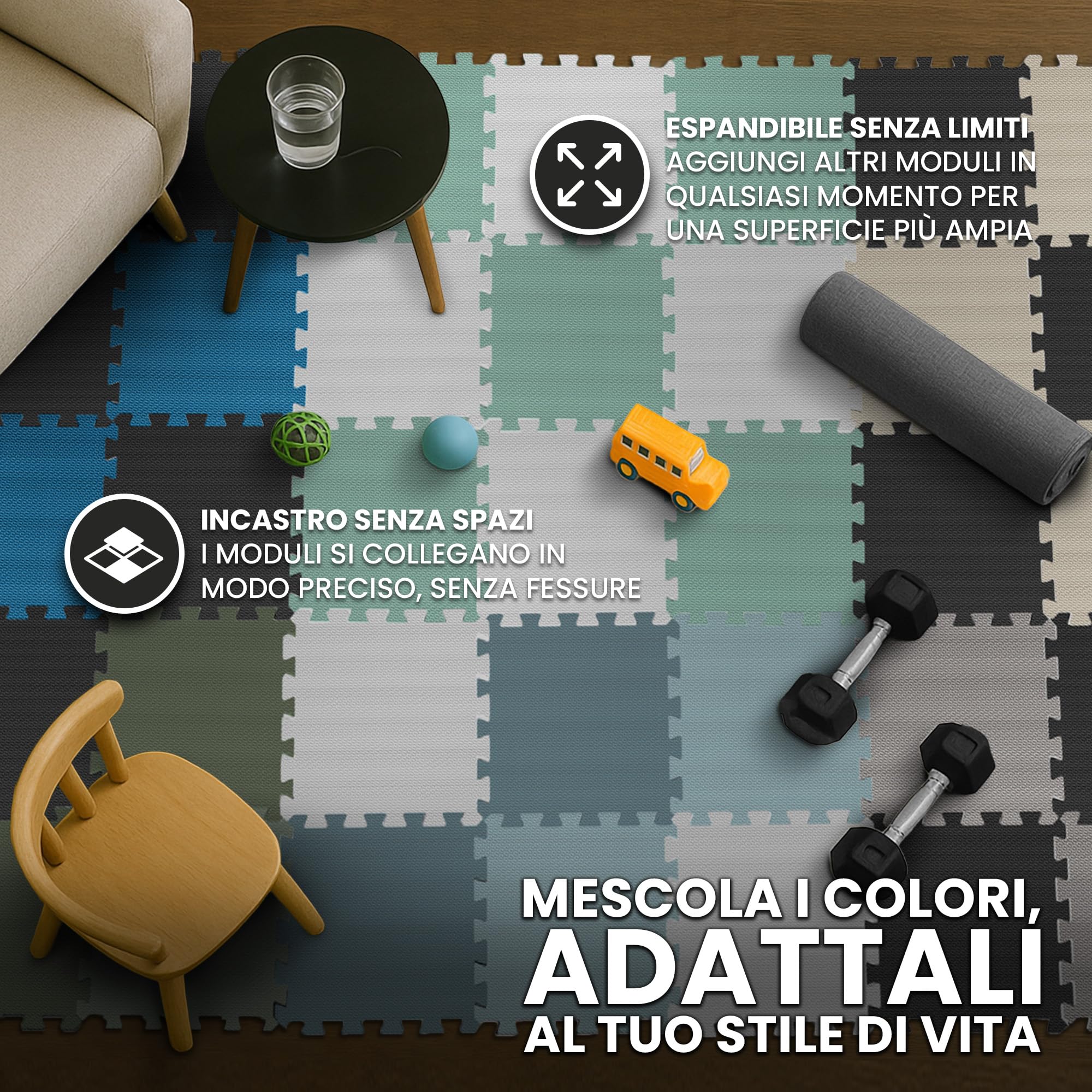 Tappeto Palestra Tappetino Fitness da Ginnastica a Puzzle - Pavimento Protettivo Incastro Tatami Gomma Allenamento Protezione Sport| Materassino Gommato Mattonella Pavimentazione per Home Gym Manubri