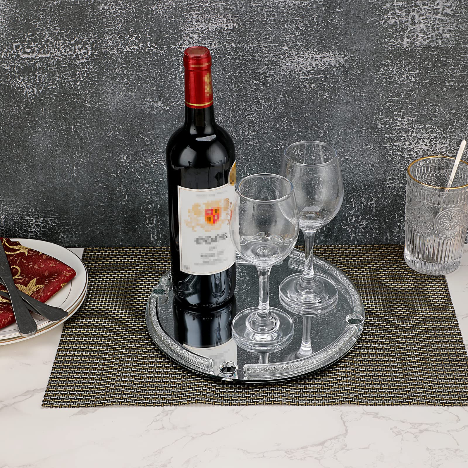 JUXYES Crushed Diamond Decorative Tray, Shiny Cosmetic Makeup Tray Mirrored Vanity Tray, Decorative Serving Platters Jewelry Trinket Countertop Mirrored Decorative Tray for Bathroom Bedroom