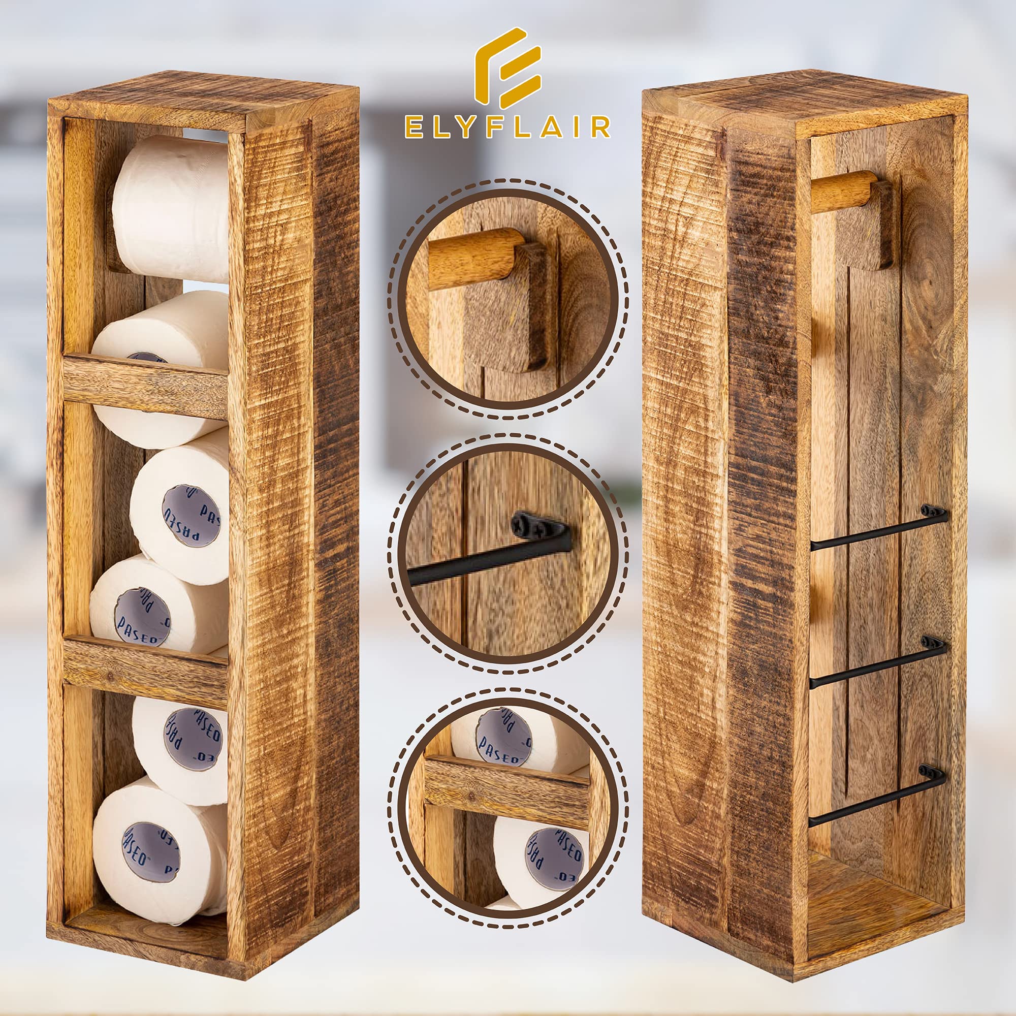 Portarotolo di carta igienica realizzato a mano in pregiato legno di mango, porta rotolo di carta igienica, supporto in legno di mango naturale, progettato senza forare