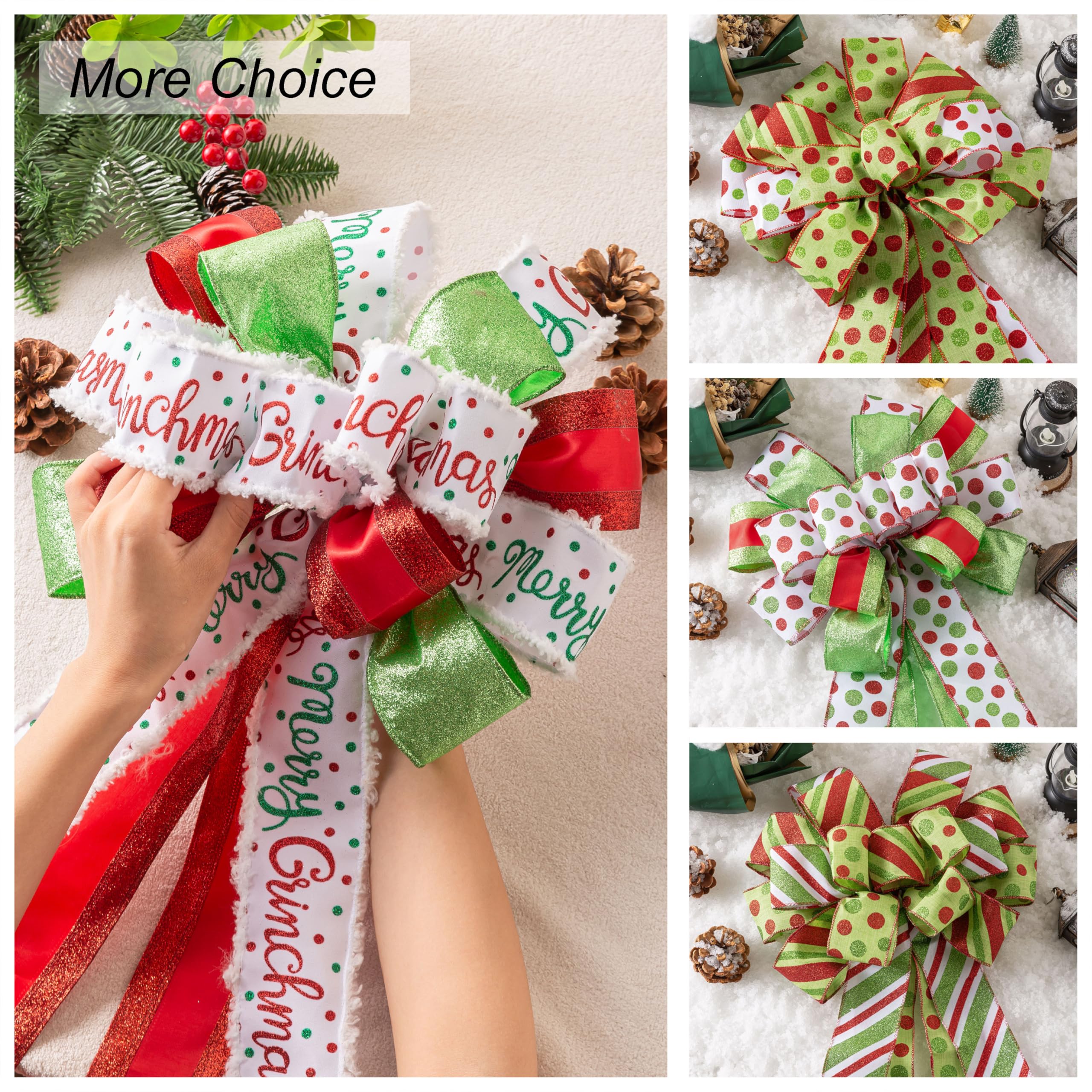 Christmas Tree Toppers Bow Wreath Red Green White Dot Large Letter Stripe Christmas Bow?Holiday Wedding Thanksgiving Home Indoor/Outdoor Decoration (Green&Red Streak)