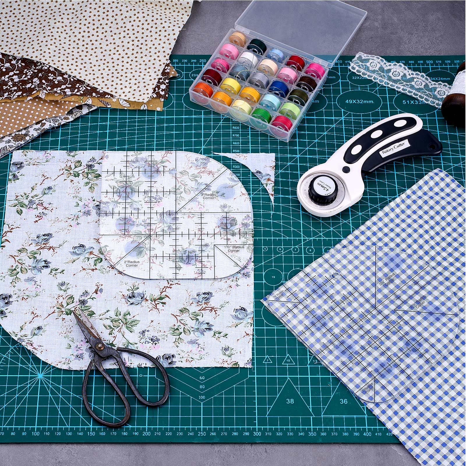 Kigley 2 piezas de regla de costura acrílica curvada para coser patchwork, regla de retazos de 0.5/1/1.5/2/2.5/3/3.5 esquinas de radio + plantillas de acolchado de ángulo recto para suministros de