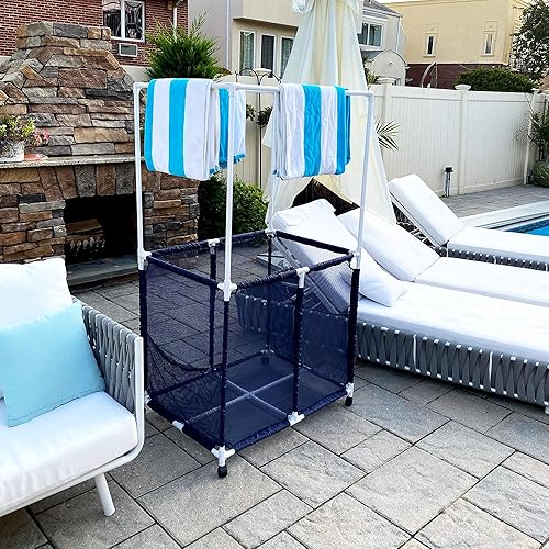Miniatura 7 de Soporte para equipo de piscina con barras de secado de toallas, organizador de almacenamiento multiusos con ruedas de malla, colgador de toallas