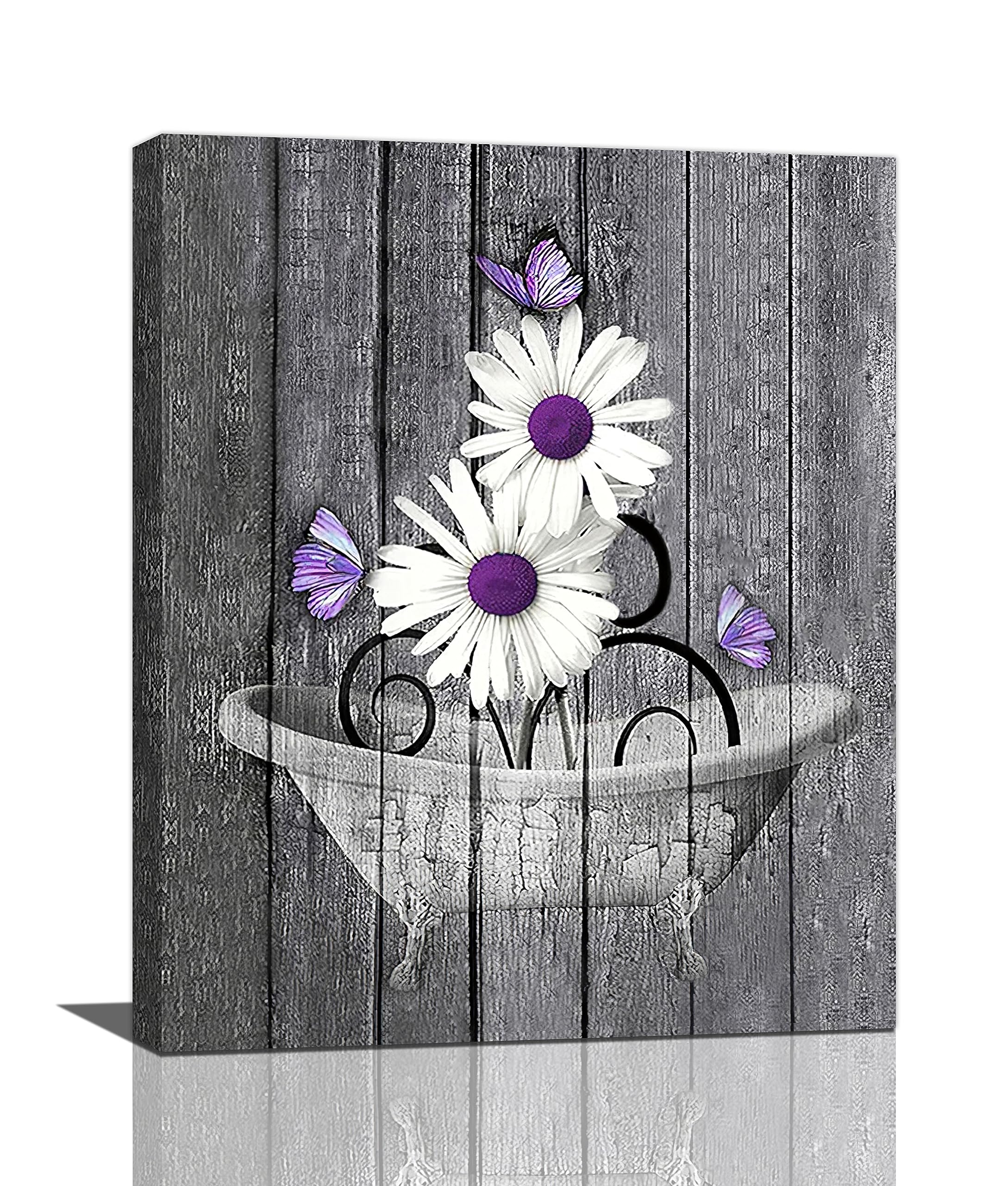 LMYSXAOZ Rustic Daisy Bathroom Decor Wall Art Farmhouse Purple Butterfly Bathtub Pictures Black And White Canvas Prints Framed Artwork Paintings Home Office Decorations For 16"x20"